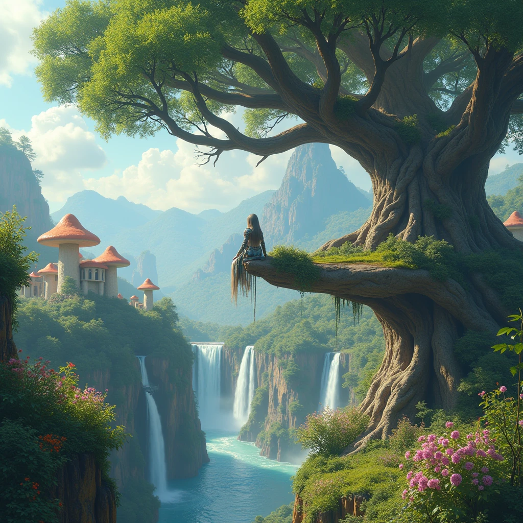 A huge branch of the Tree ,  Extends to the whole image ,  Bunches of Green sprout on the Tree ,  Huge view to the valley with the Waterfall and the Spectacular Settlement in the form of mushrooms, there are different colored spots on them ,  on one of the Tree Branches, there is a Beautiful Girl in Beautiful Metal Armor with various carvings,  Long Beautiful Ash-colored Hair ,  Bright sunlight Shines on the Settlement ,  at that time Darkening the tree ,  Cloud clouds float synchronously across the sky ,  You can see the paths of the settlement , Miscellaneous Details, flowers, Bushes, lianas, Lots of Complex Details, masterpiece, 8 k,  Maximum Quality,  Bird's-eye view ,  cinematic style , Epic,
