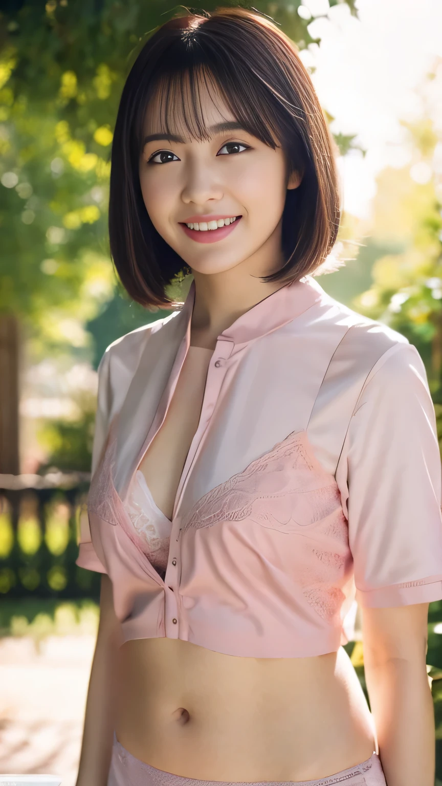  high definition, RAW Photos, photorealistic, very delicate and beautiful, extremely detailed,Detailed , extremely detailed CG unity 8k wallpaper,Super detailed,(Best Quality, 8k, 32K, masterpiece, 超 high definition:1.2),  very pretty face ,Long look,Tall,slim,, short hair,bangs、( pink bra )Medium breast、Smiling kindly