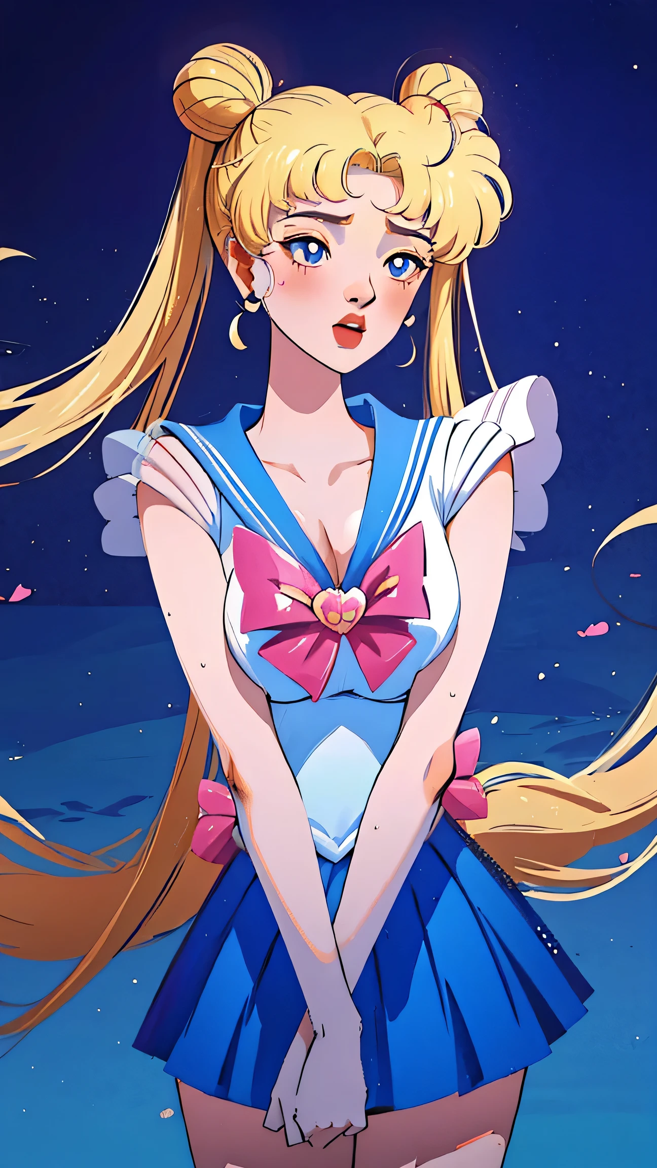 1 very young japanese girl, sailor moon, blonde hair, blushing, Shy, Red lips, mouth open, winking, cute overload, pale face, close up shot, Sweet, small breasts, ((best quality)), ((masterpiece)), (detailed), big expressive blue eyes, Slender、solid pink background, cute pose, sailor suit, cleavage, slender legs, thigh highs, skinny, arms behind back,