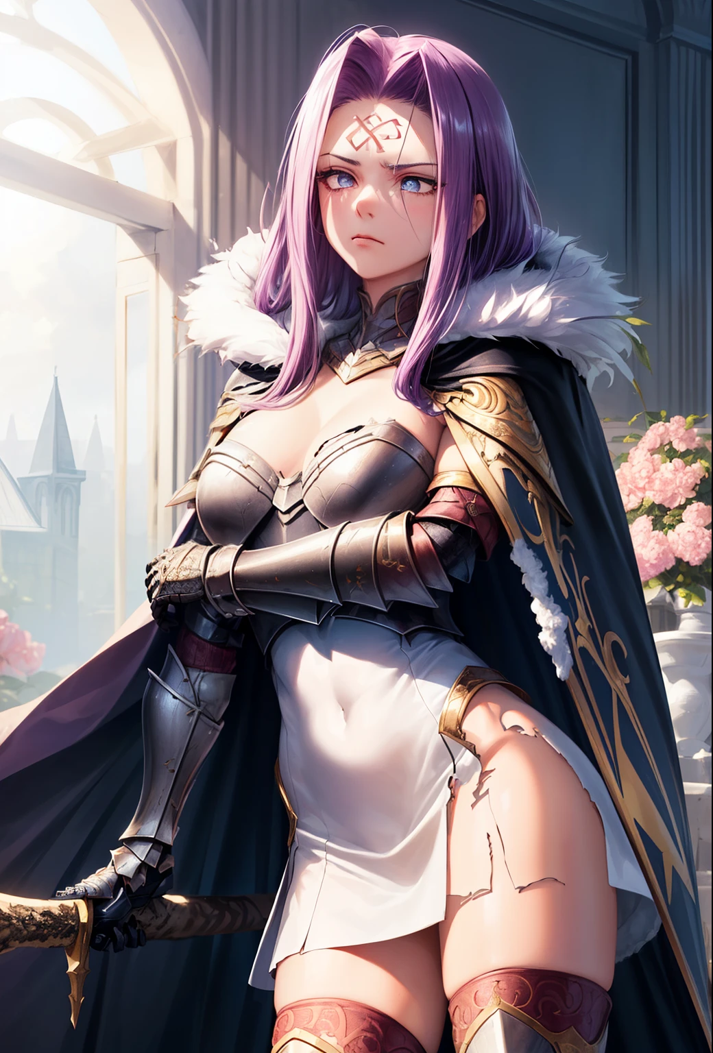 good looking, {Medusa_FGO:1.15}, length_hair, purple_hair, very_length_hair, purple_eye, chest, big_chest,
BREAK ((armor, armored dress, black thighhighs, cape, dress, fur trim, fur-trimmed cape, scowl, sheath, short dress, thighhighs, torn clothes:1.5)),
BREAK (masterpiece:1.2), best quality, high resolution, unity 8k wallpaper, (illustration:0.8), (beautiful detailed eyes:1.6), extremely detailed face, perfect lighting, extremely detailed CG, (perfect hands, perfect anatomy),