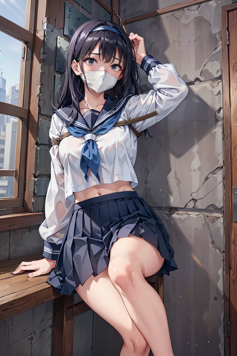 (Highly detailed CG unity 8k), (highest quality),(very detailed),(ultra high resolution), 1 female, white cloth gag, uniform, sailor suit, rope bondage, breasts rope bondage, hands back rope bondage, leg rope bondage, thigh rope bondage, (bust rope bondage:1.4), feet rope bondage, Arms behind the waist, bound wrists, shackles the ankles, gag with a white cloth, Dark blue skirt, on the train, Blindfolded, Legs together, Tie your ankles, Black Hair, high school girl, (Black Stockings:1.4), Black garter belt, Brown Loafers, Crying face, (White headband:1.4), Blur the background,