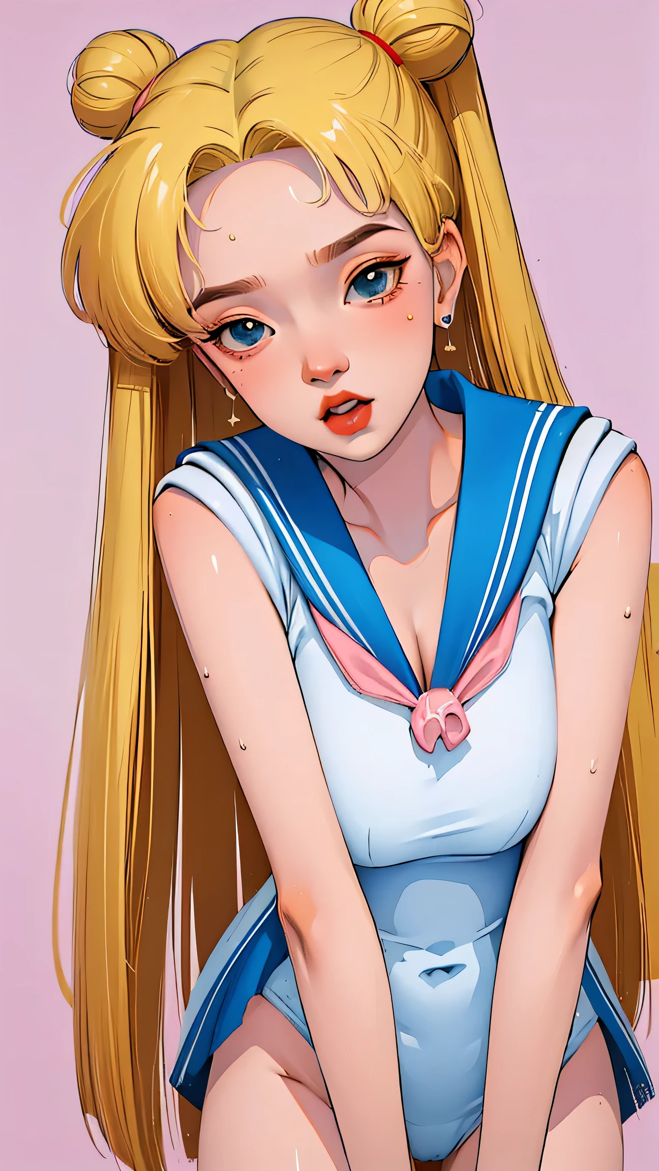 1 very young japanese girl, sailor moon, blonde hair, blushing, Shy, Red lips, mouth open, winking, cute overload, pale face, close up shot, Sweet, small breasts, ((best quality)), ((masterpiece)), (detailed), big expressive blue eyes, Slender、solid pink background, cute pose, sailor suit, cleavage, slender legs, thigh highs, skinny, arms behind back,