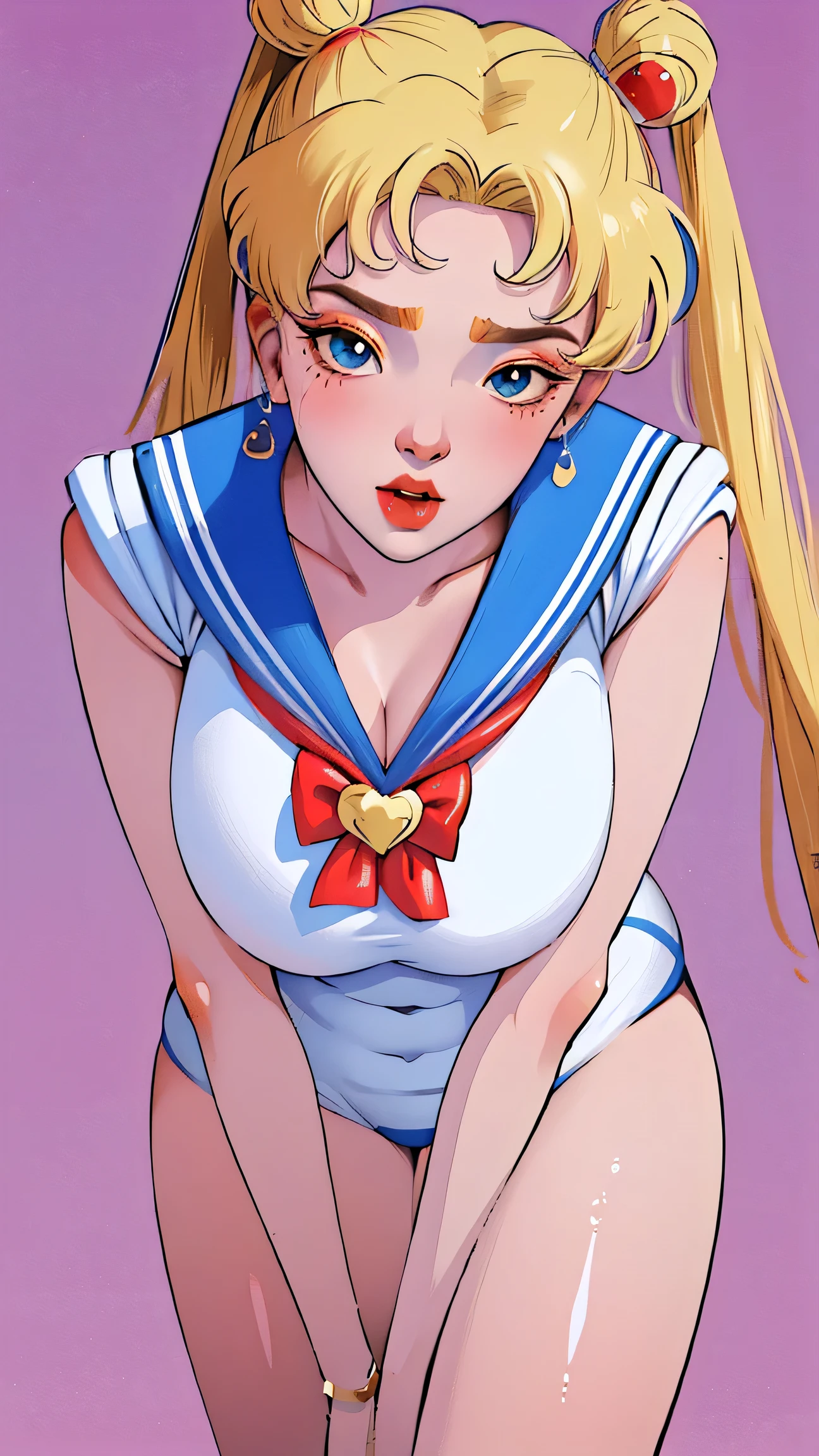 1 very young japanese girl, sailor moon, blonde hair, blushing, Shy, Red lips, mouth open, winking, cute overload, pale face, close up shot, Sweet, huge breasts, ((best quality)), ((masterpiece)), (detailed), big expressive blue eyes, Slender、solid pink background, cute pose, sailor suit, cleavage, slender legs, thigh highs, skinny, arms behind back,