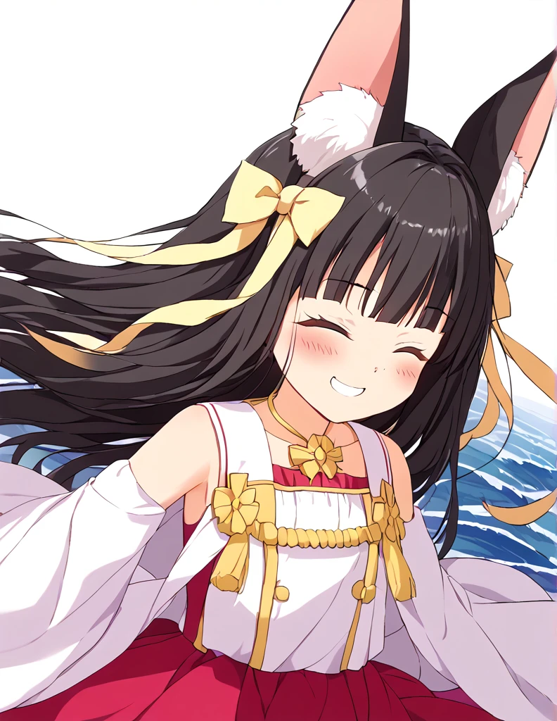 Nagato、Nagato、 、Black Hair、Big animal ears、 big smile 、(Wave)、((Closed eyes))、Perfect hands、blush、 big ribbon、masterpiece、 High image quality 、 masterpiece胸, masterpieces
white background
