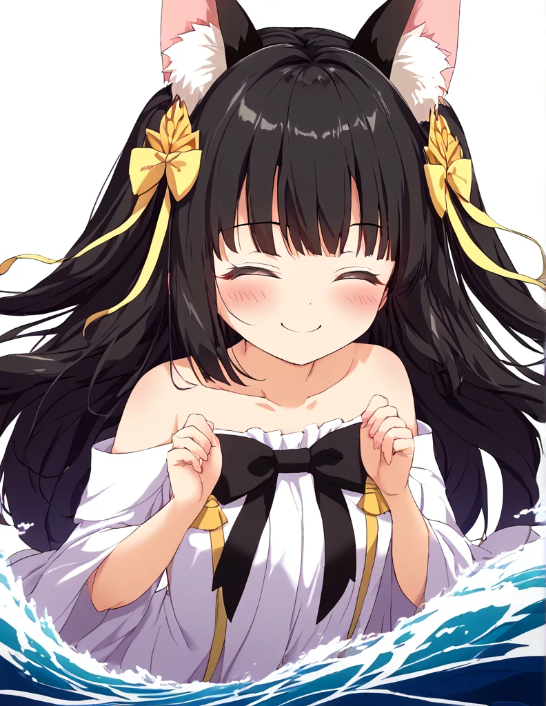 Nagato、Nagato、 、Black Hair、Big animal ears、 big smile 、(Wave)、((Closed eyes))、Perfect hands、blush、 big ribbon、masterpiece、 High image quality 、 masterpiece胸, masterpieces
white background
