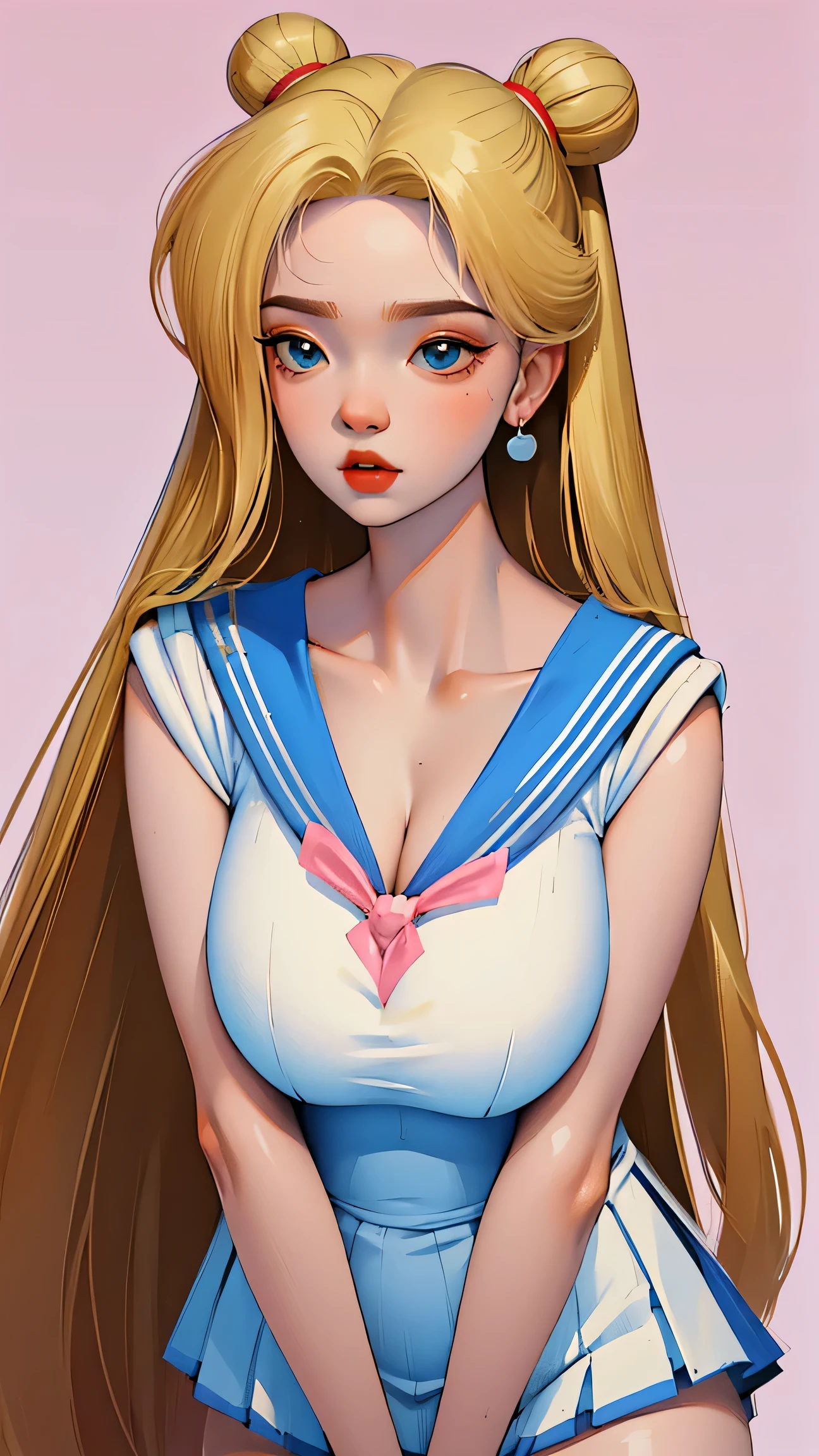 1 very young japanese girl, sailor moon, blonde hair, blushing, Shy, Red lips, mouth open, winking, cute overload, pale face, close up shot, Sweet, huge breasts, cleavage, ((best quality)), ((masterpiece)), (detailed), big expressive blue eyes, Slender、solid pink background, cute pose,  sailor suit, cleavage, slender legs, thigh highs, skinny, arms behind back, 