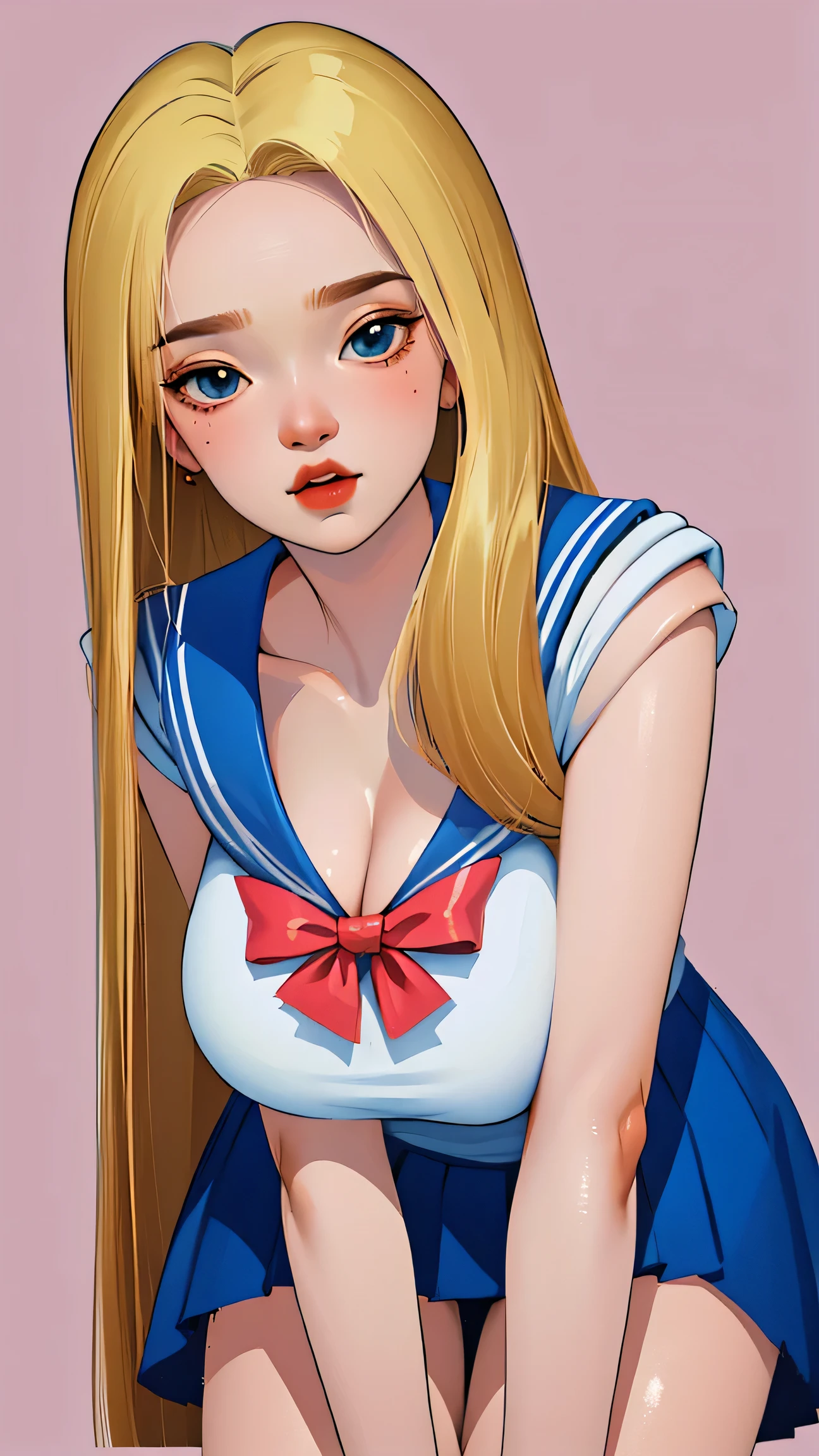 1 very young japanese girl, sailor moon, blonde hair, blushing, Shy, Red lips, mouth open, winking, cute overload, pale face, close up shot, Sweet, huge breasts, cleavage, ((best quality)), ((masterpiece)), (detailed), big expressive blue eyes, Slender、solid pink background, cute pose,  sailor suit, cleavage, slender legs, thigh highs, skinny, arms behind back, 