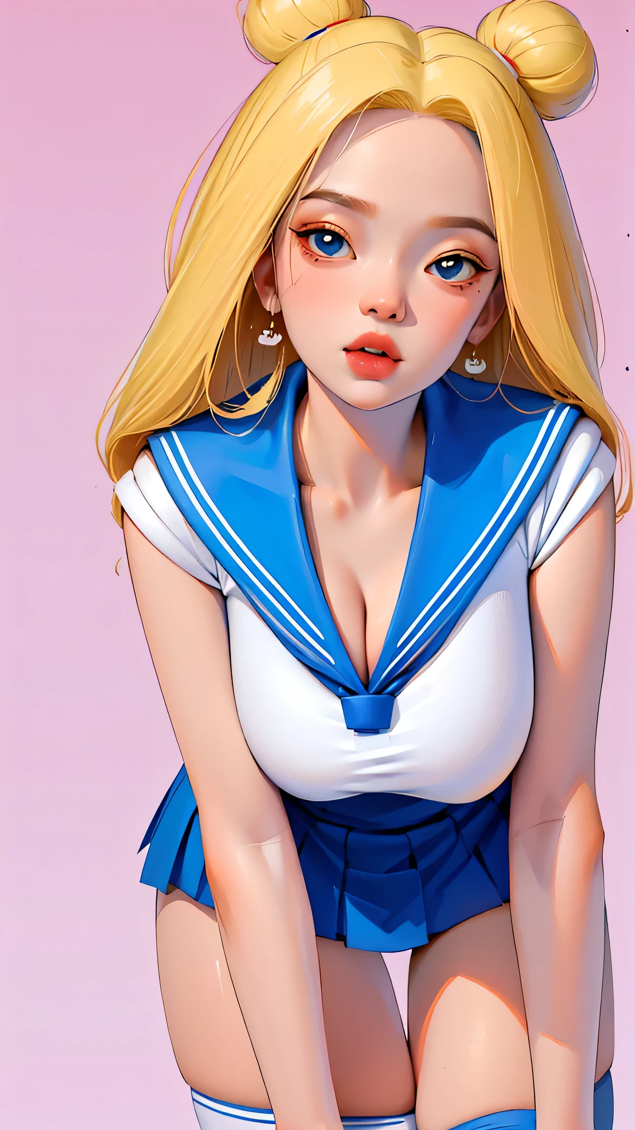1 very young japanese girl, sailor moon, blonde hair, blushing, Shy, Red lips, mouth open, winking, cute overload, pale face, close up shot, Sweet, huge breasts, cleavage, ((best quality)), ((masterpiece)), (detailed), big expressive blue eyes, Slender、solid pink background, cute pose, sailor suit, cleavage, slender legs, thigh highs, skinny, arms behind back,