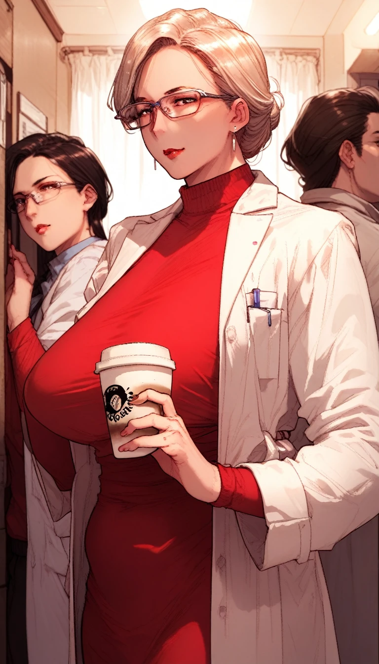 mother, milf, mature female, perfect face, perfect lighting, doctor, red shirt, doctor white coat, stocking, glasses, coffee