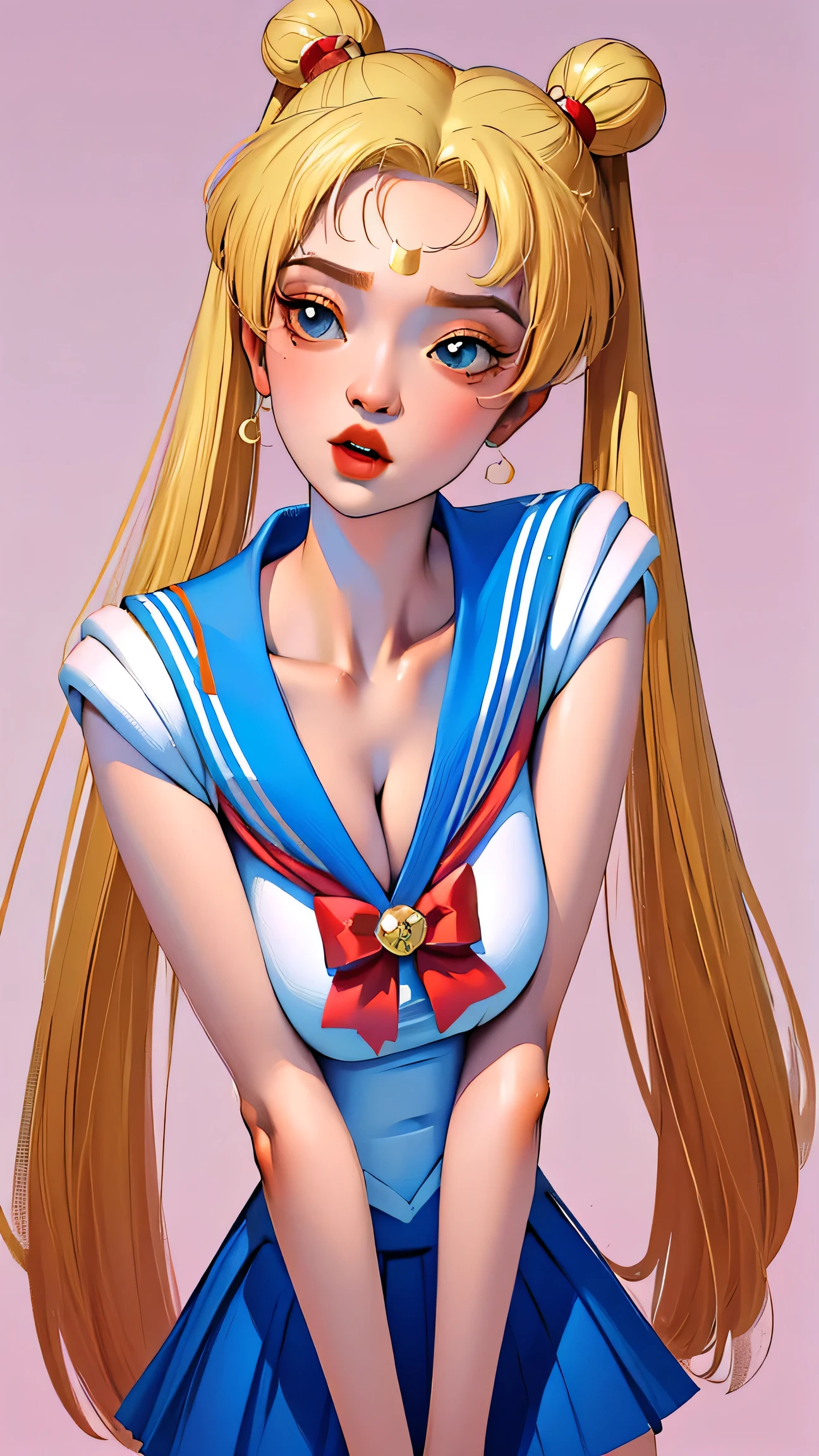 1 very young japanese girl, sailor moon, blonde hair, blushing, Shy, Red lips, mouth open, winking, cute overload, pale face, close up shot, Sweet, small breasts, ((best quality)), ((masterpiece)), (detailed), big expressive blue eyes, Slender、solid pink background, cute pose,  sailor suit, cleavage, slender legs, thigh highs, skinny, arms behind back, 