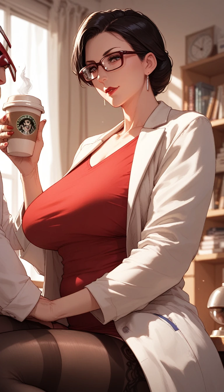 mother, milf, mature female, perfect face, perfect lighting, doctor, red shirt, doctor white coat, stocking, glasses, coffee