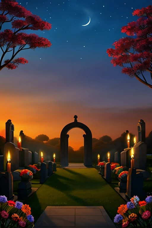  Image of a silent cemetery at dawn or dusk, with flowers and candles. The scene must convey respect and serenity 