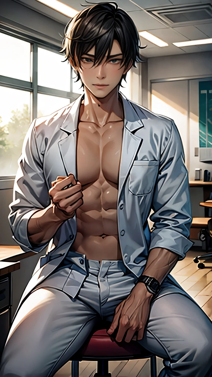 (One beautiful man), mouth slightly open, blushing, (shot hair), beautiful eyes, glowing skin, doctor's coat,  shirt/scrubs, surgical mask, pants, examining room, science labo, sit on a chair, Digital painting, 8K, Best quality, ultra-detailed, nsfw, medium shot