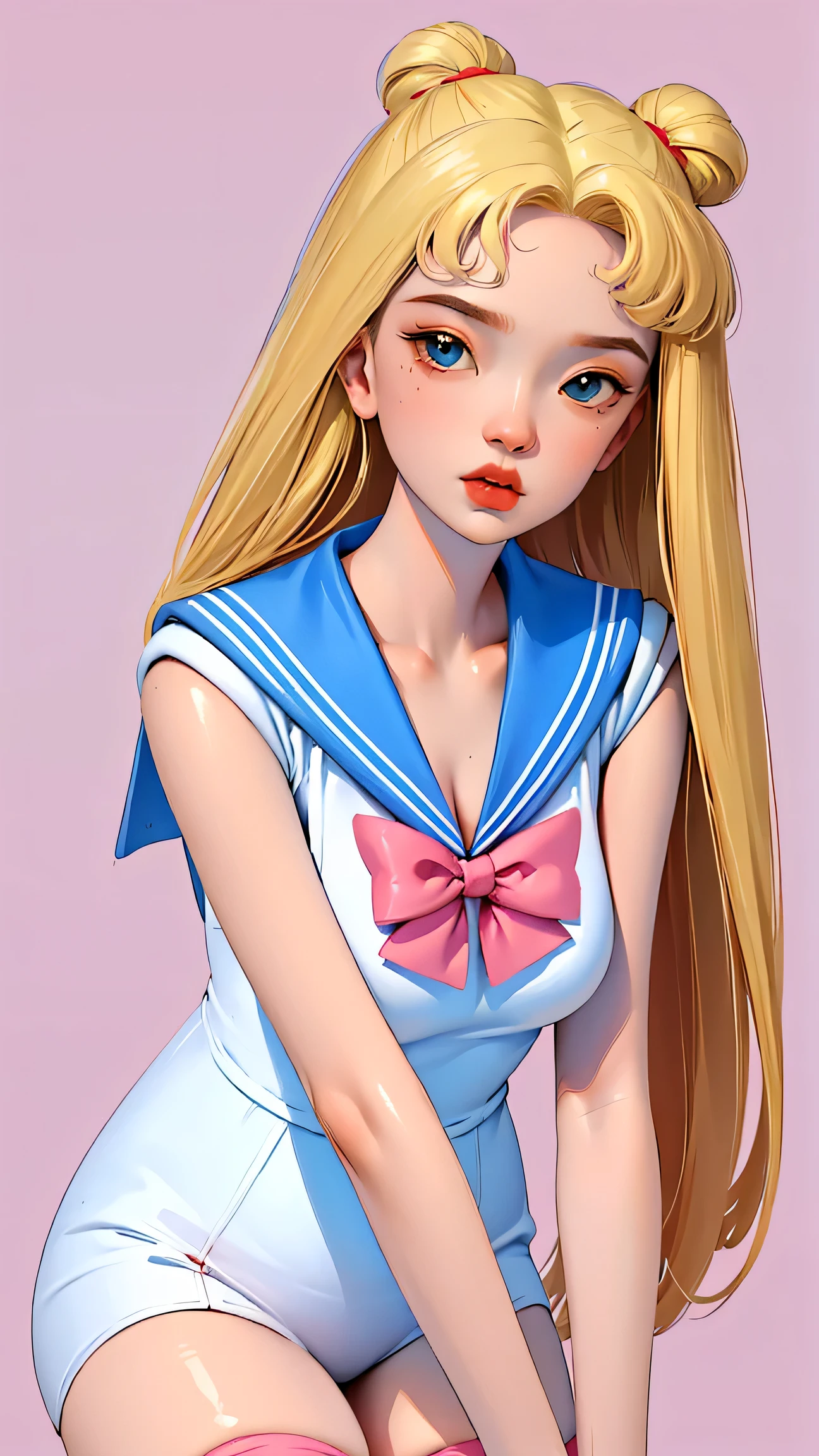 1 very young japanese girl, sailor moon, blonde hair, blushing, Shy, Red lips, mouth open, winking, cute overload, pale face, close up shot, Sweet, small breasts, ((best quality)), ((masterpiece)), (detailed), big expressive blue eyes, Slender、solid pink background, cute pose, sailor suit, cleavage, slender legs, thigh highs, skinny, arms behind back,