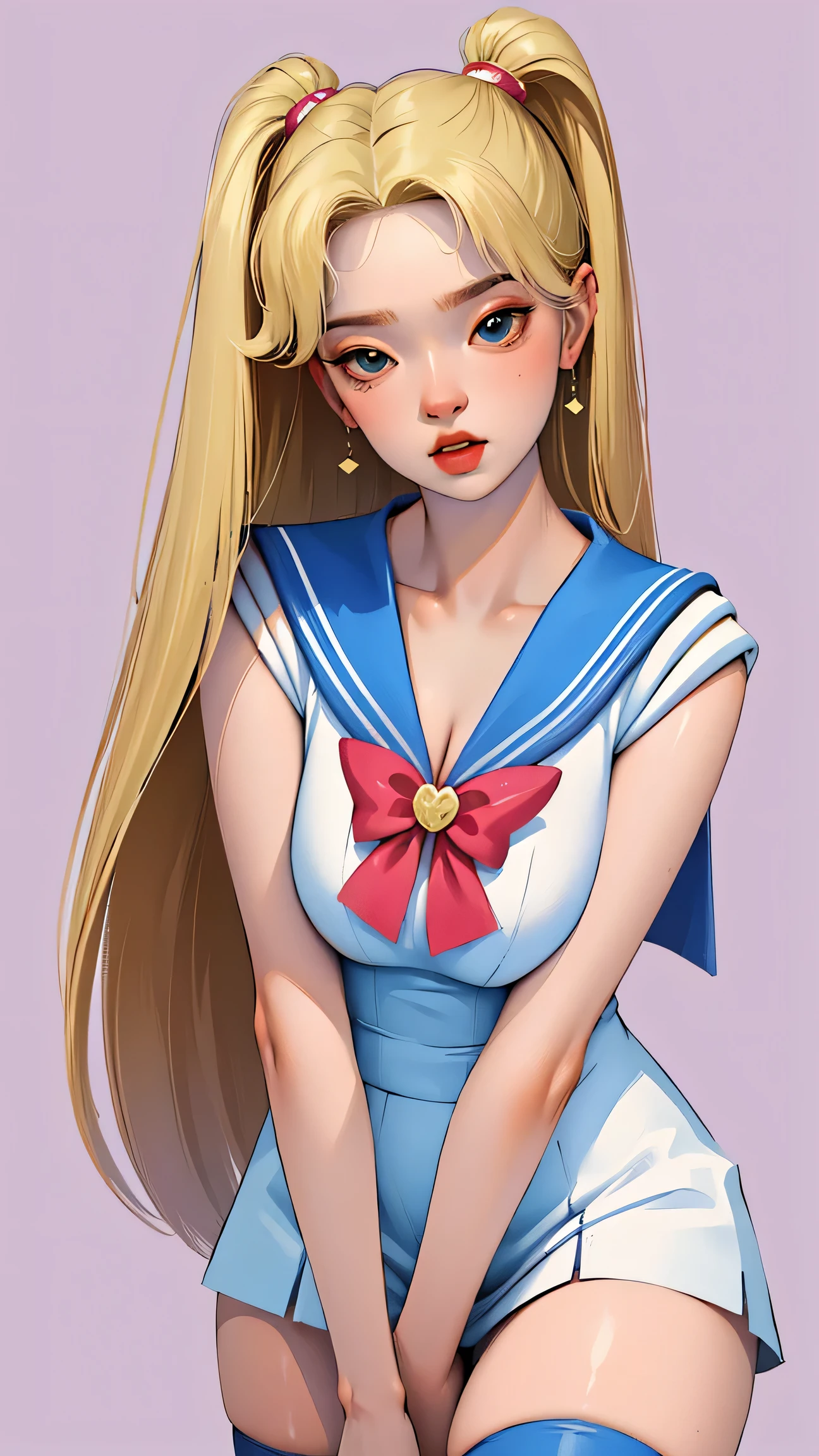 1 very young japanese girl, sailor moon, blonde hair, blushing, Shy, Red lips, mouth open, winking, cute overload, pale face, close up shot, Sweet, small breasts, ((best quality)), ((masterpiece)), (detailed), big expressive blue eyes, Slender、solid pink background, cute pose, sailor suit, cleavage, slender legs, thigh highs, skinny, arms behind back,