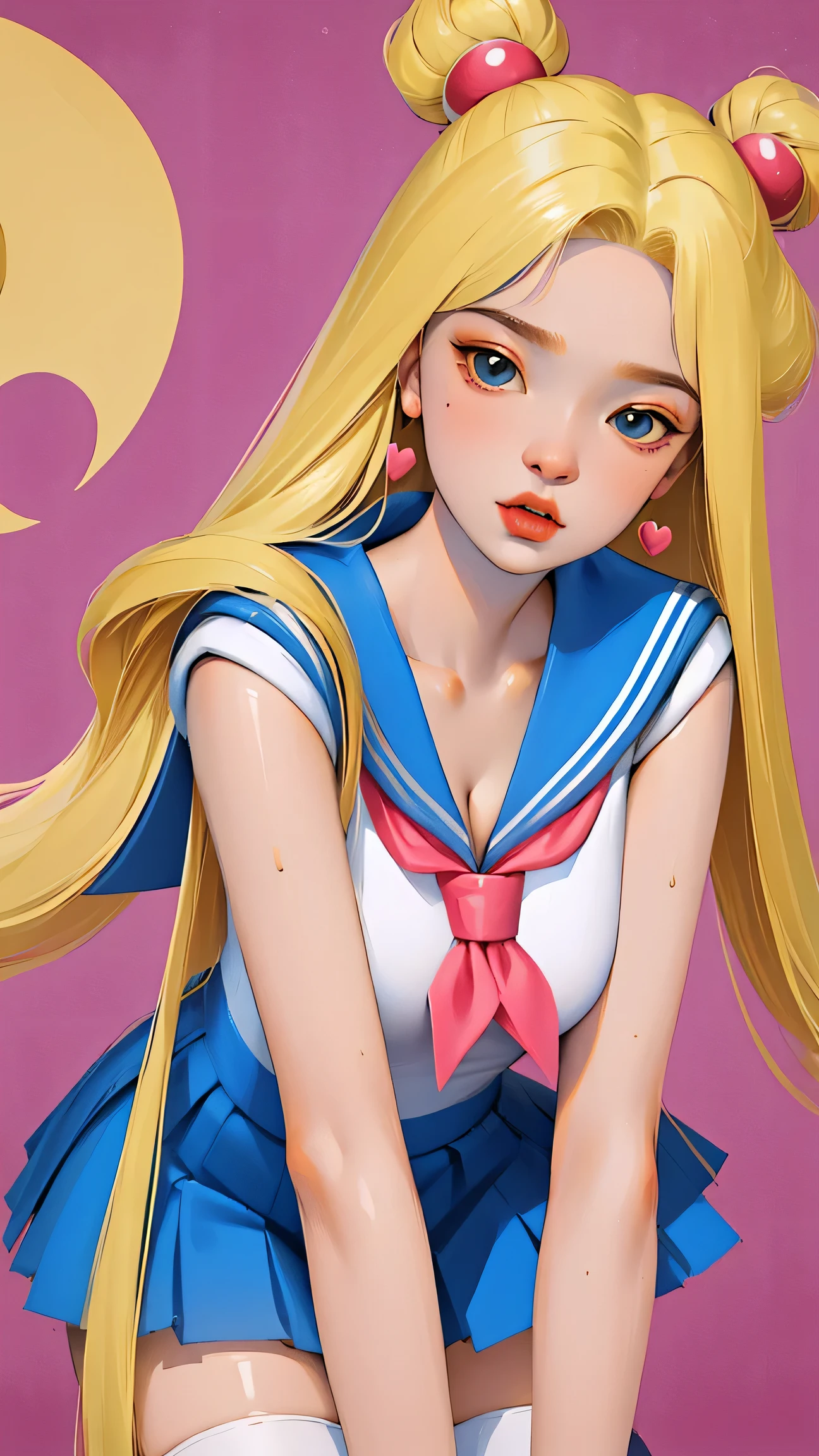1 very young japanese girl, sailor moon, blonde hair, blushing, Shy, Red lips, mouth open, winking, cute overload, pale face, close up shot, Sweet, small breasts, ((best quality)), ((masterpiece)), (detailed), big expressive blue eyes, Slender、solid pink background, cute pose, sailor suit, cleavage, slender legs, thigh highs, skinny,