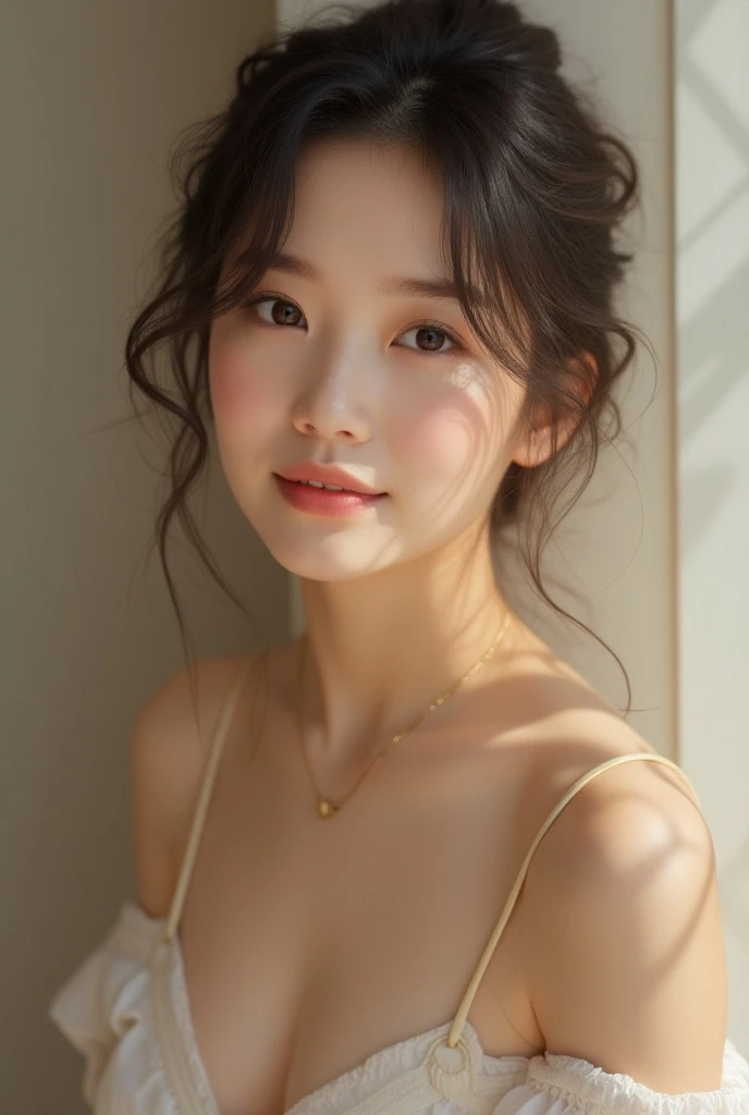 (masterpiece, Highest quality:1.4), Award-winning full-body photography, 8k, 85mm, alone, Beautiful Face,14 Talents、Smiling Kindly、 Cute hairstyle、Cute Necklace、Great style、Cute face like a Japanese idol、Baby Face、Beautiful Eyes、Beautiful clavicle、Bra and Garter Belt Set、Cute hairstyle、Shapely breasts、Smiling Kindly、Blushing and embarrassed