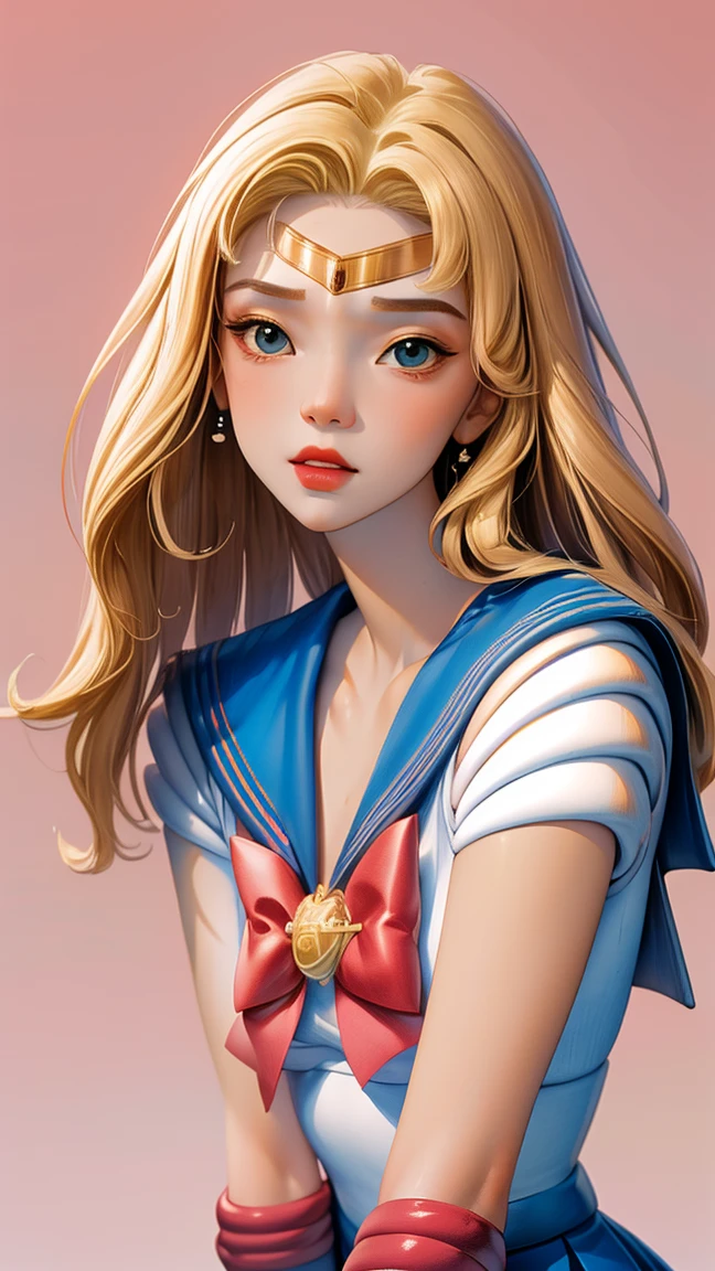 1 very young japanese girl, sailor moon, blonde hair, blushing, Shy, Red lips, mouth open, winking, cute overload, pale face, close up shot, Sweet, small breasts, ((best quality)), ((masterpiece)), (detailed), big expressive eyes, ulzzang, Slender、solid pink background, cute pose,  sailor suit, cleavage, slender legs, thigh highs, skinny, arms behind back, 