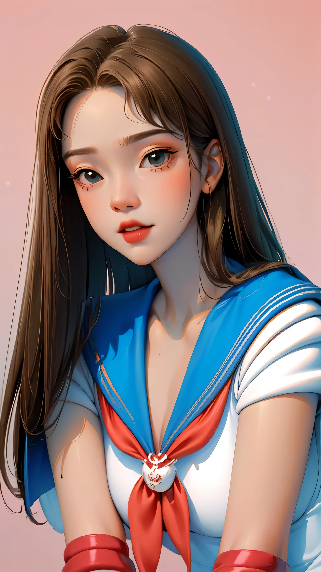 1 very young japanese girl, sailor moon, blonde hair, blushing, Shy, Red lips, mouth open, winking, cute overload, pale face, close up shot, Sweet, small breasts, ((best quality)), ((masterpiece)), (detailed), big expressive eyes, ulzzang, Slender、solid pink background, cute pose,  sailor suit, cleavage, slender legs, thigh highs, skinny, arms behind back, 