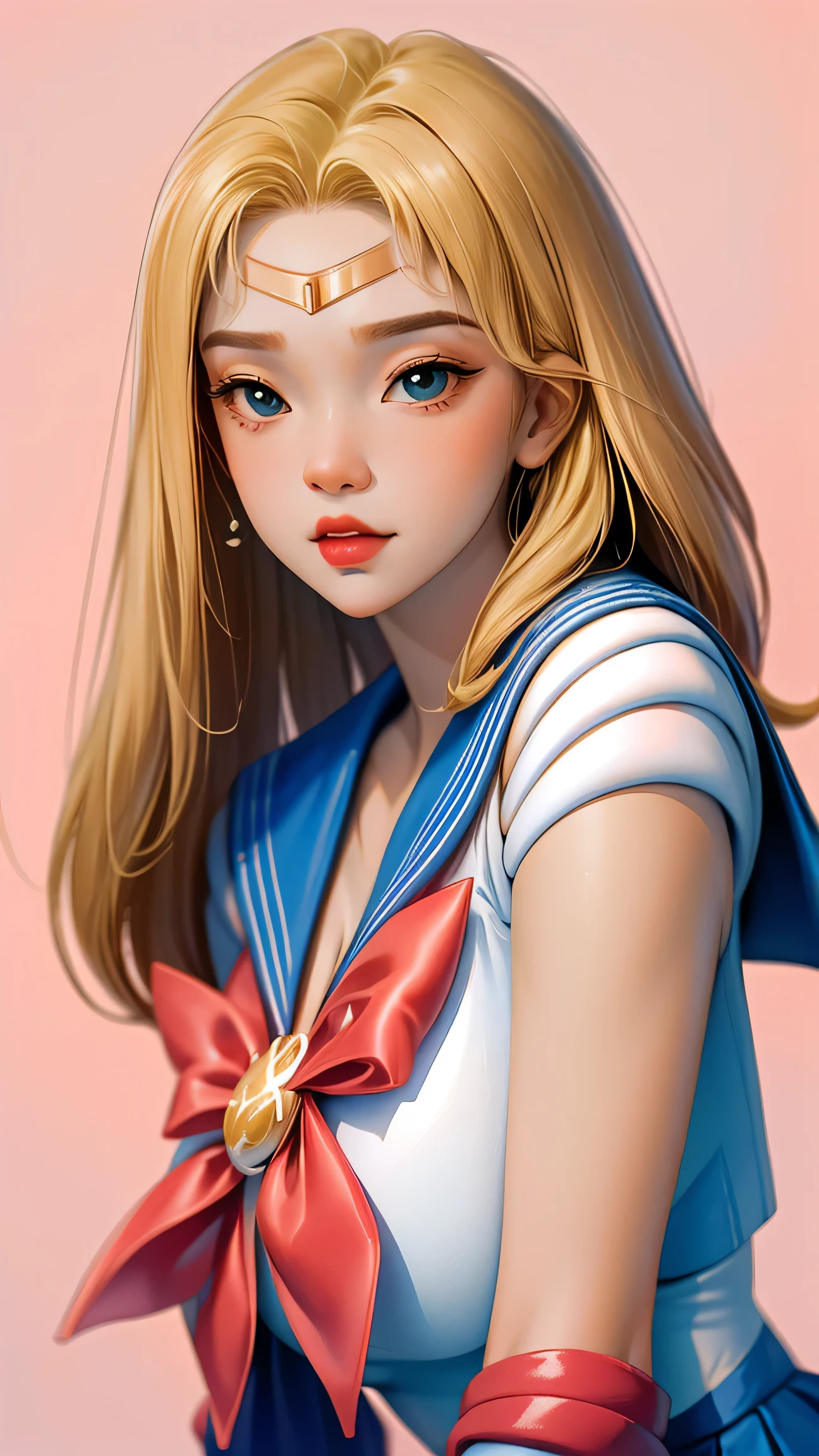 1 very young japanese girl, sailor moon, blonde hair, blushing, Shy, Red lips, mouth open, winking, cute overload, pale face, close up shot, Sweet, huge breasts, cleavage, ((best quality)), ((masterpiece)), (detailed), big expressive eyes, ulzzang, Slender、solid pink background, cute pose,  sailor suit, cleavage, slender legs, thigh highs, skinny, arms behind back, 