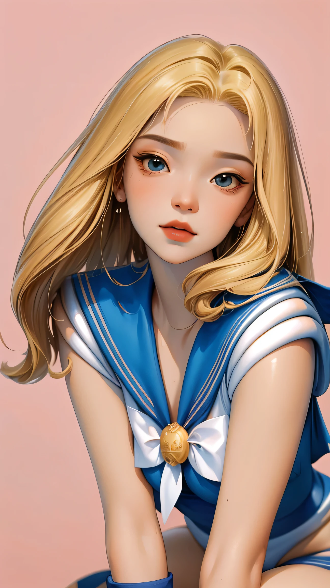 1 very young japanese girl, sailor moon, blonde hair, blushing, Shy, Red lips, mouth open, winking, cute overload, pale face, close up shot, Sweet, small breasts, ((best quality)), ((masterpiece)), (detailed), big expressive eyes, ulzzang, Slender、solid pink background, cute pose,  sailor suit, cleavage, slender legs, thigh highs, skinny, arms behind back, 