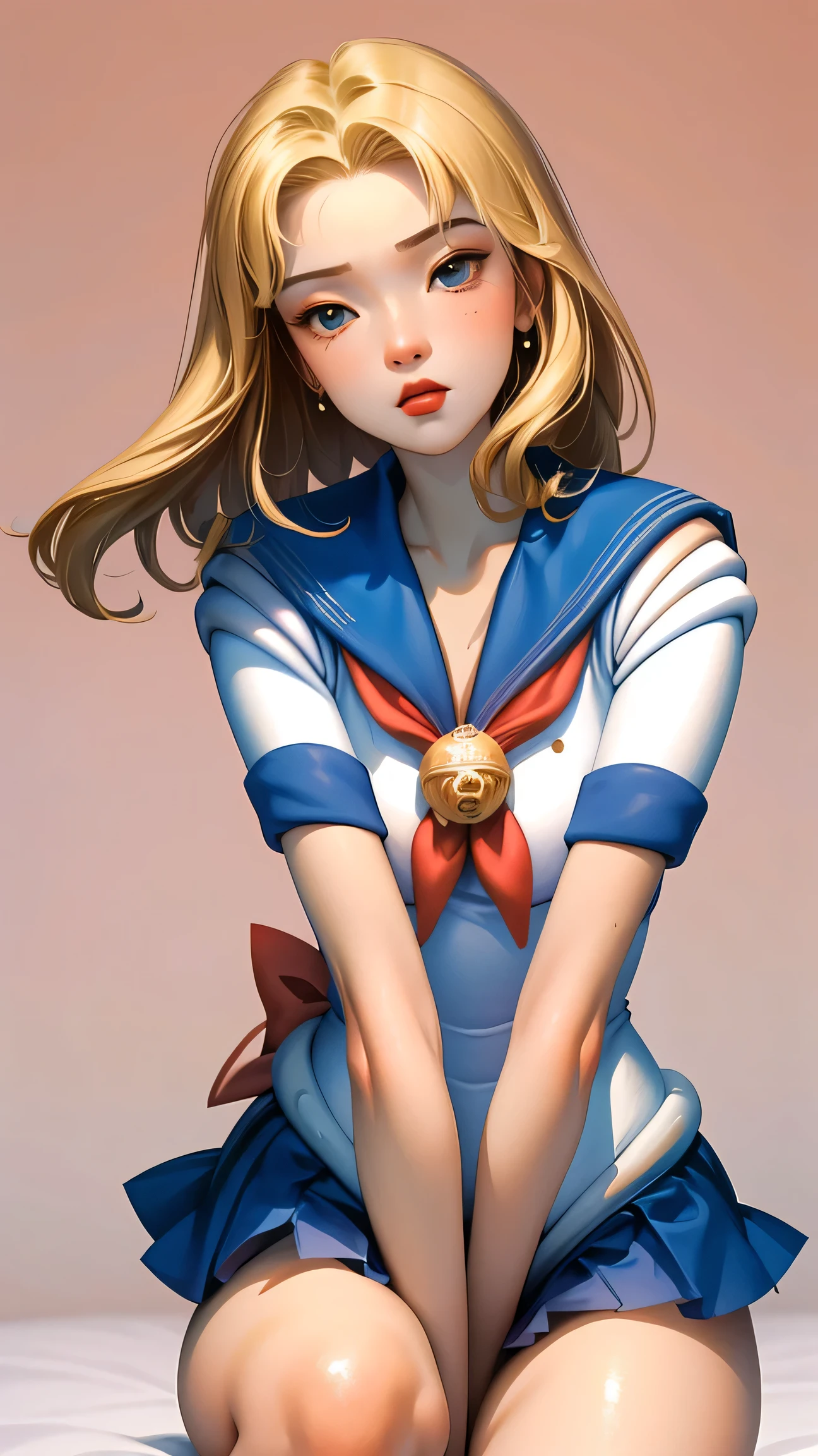 1 very young japanese girl, sailor moon, blonde hair, blushing, Shy, Red lips, mouth open, winking, cute overload, pale face, close up shot, Sweet, small breasts, ((best quality)), ((masterpiece)), (detailed), big expressive eyes, ulzzang, Slender、solid pink background, cute pose,  sailor suit, cleavage, slender legs, thigh highs, skinny, arms behind back, 