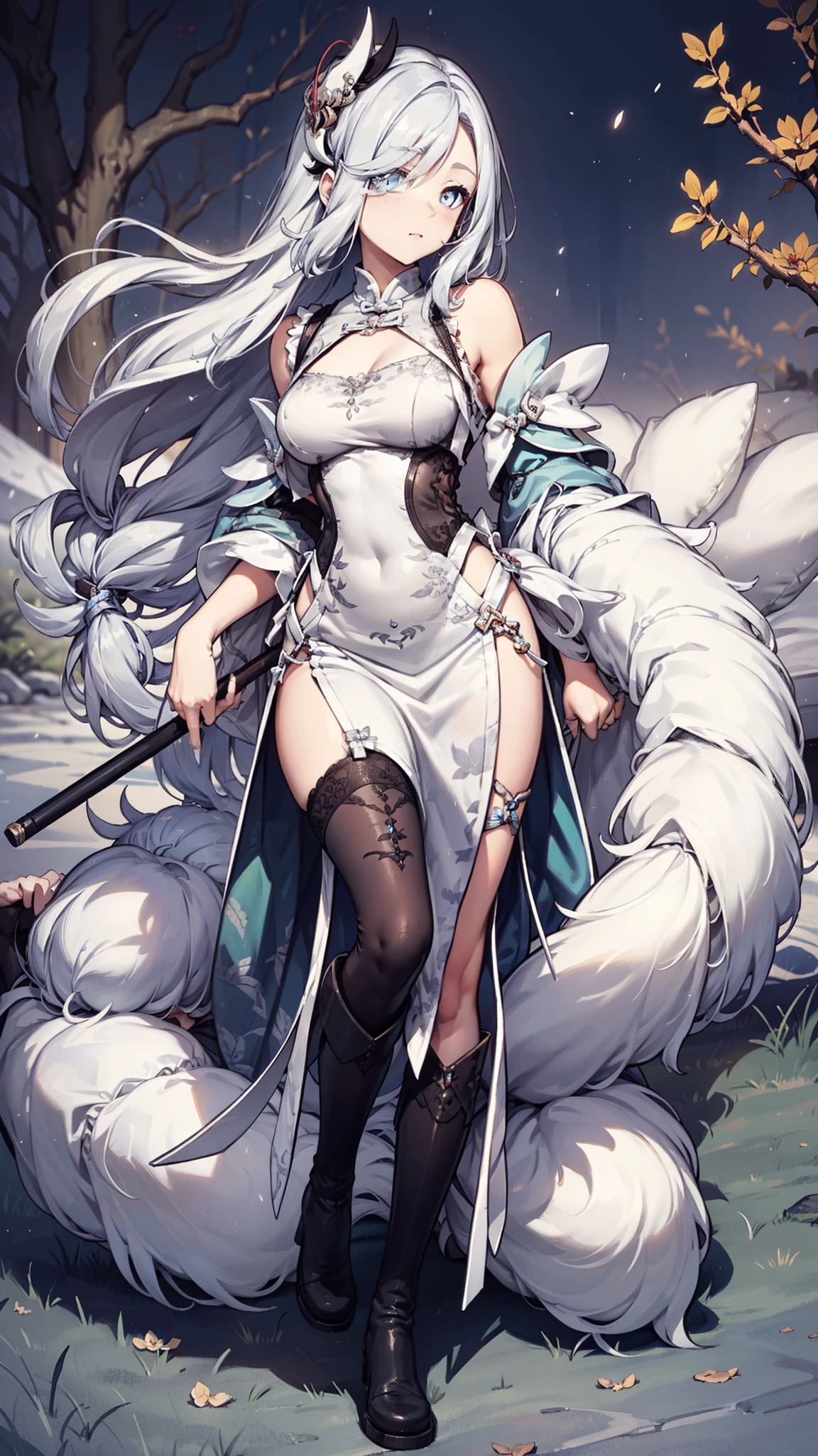 goddess，obsessed，have fun，in love，(White transparent Chinese uniform，With a long skirt)，Silver Hair，blue eyes，Transparent Clothes，Exquisite hair accessories，Transparent lace，Sky blue pattern，night，Dress nicely，outdoor，solitary，night，Engraved suspender boots，Beautiful face，Garter stockings，Edited by Dafabet，cheongsam，Charm