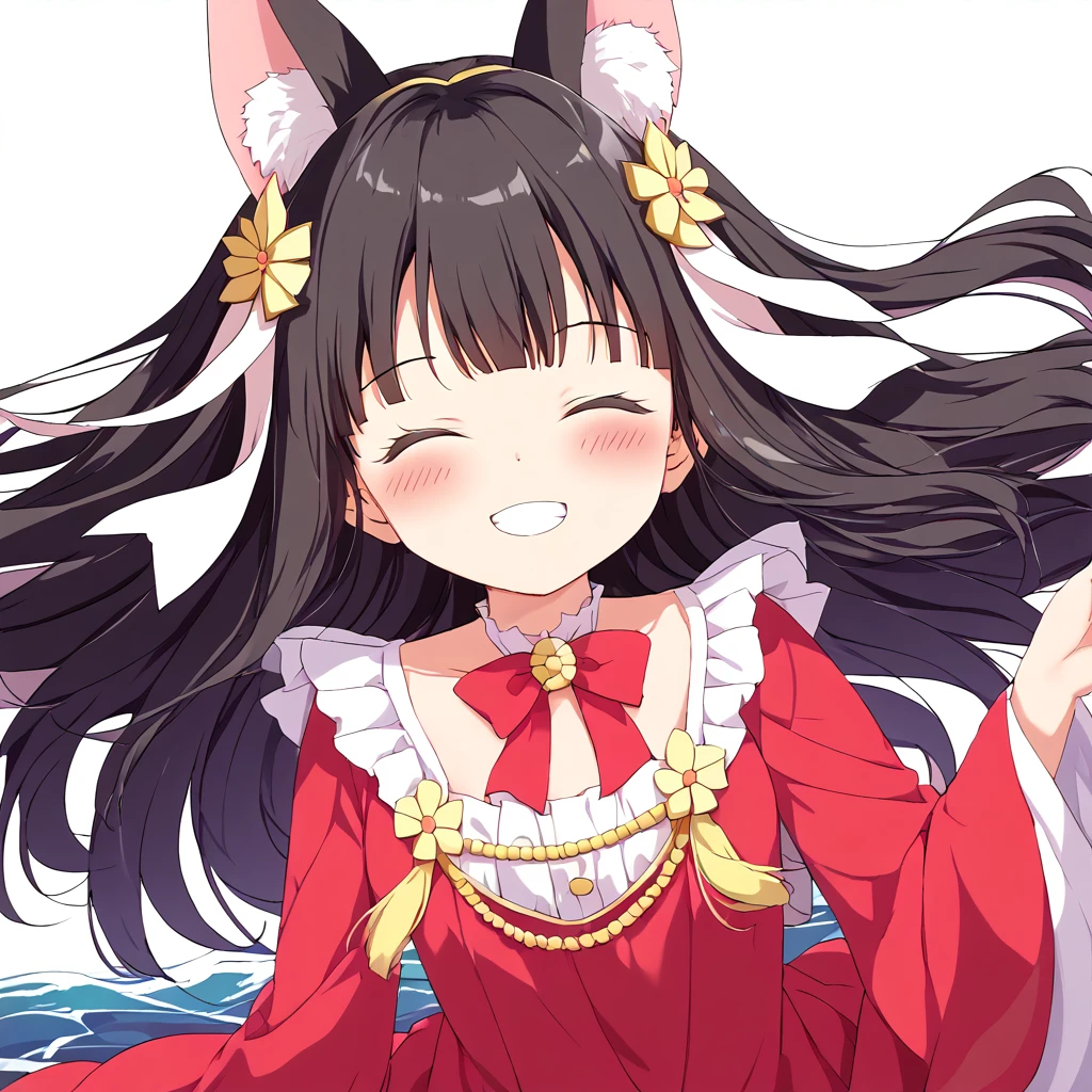 Nagato、Nagato、 、Black Hair、Big animal ears、 big smile 、((Wave))、((Closed eyes))、Perfect hands、blush、 big ribbon、masterpiece、 High image quality 、 masterpiece胸, masterpieces
white background
