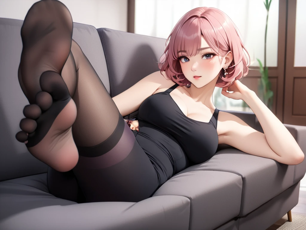 (((masterpiece))),(((High resolution)))、(((8K)))、(((perfect face)))、one beautiful Woman, (((beauty of korea)))、30 years old、((pink short hair)), (((beautiful face))), casual black tight maxi dress with u-neck spandex, pantyhose, lying on the couch, lying on the side, feet exposed, showing her feet, showing her soles, focus on soles, nylon feet, livingroom, embarrassed look, look at the camera, big cool woman, casual wife, medium breast