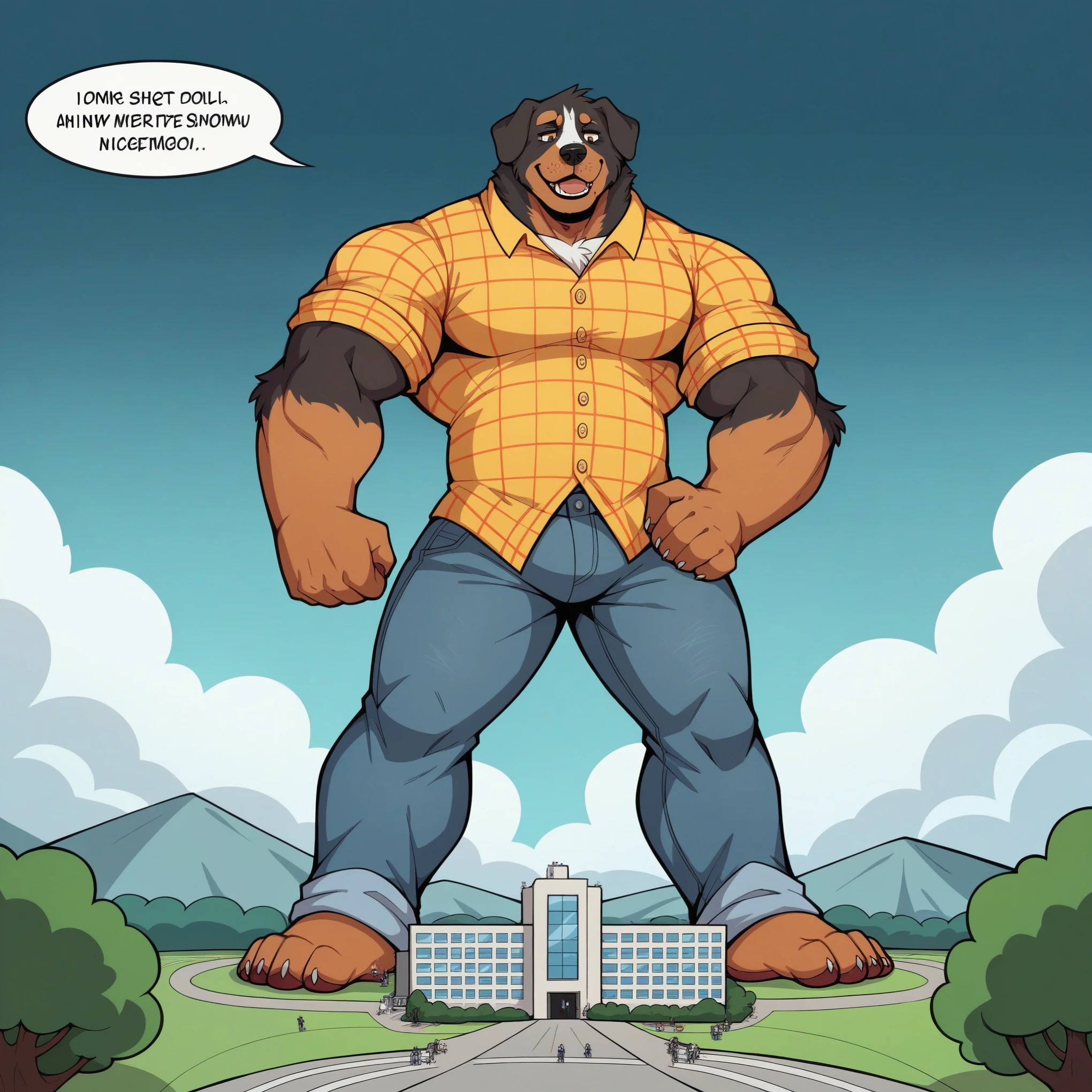 gekritzeltes Bernese Mountain Dog Gesicht,Humanity (Bernese Mountain Dog),pummelig, Fuzzy, Bernese Mountain Dog, muscular, wear a red or yellow flannel shirt, tight jeans have , Bernese Mountain Dog (Massiv:3.0, ( heavyweight ,stark,Macro, Emphasize )), background(( Building , Raise little speech ,the little sparks, the crack in the road )), Low perspective shot