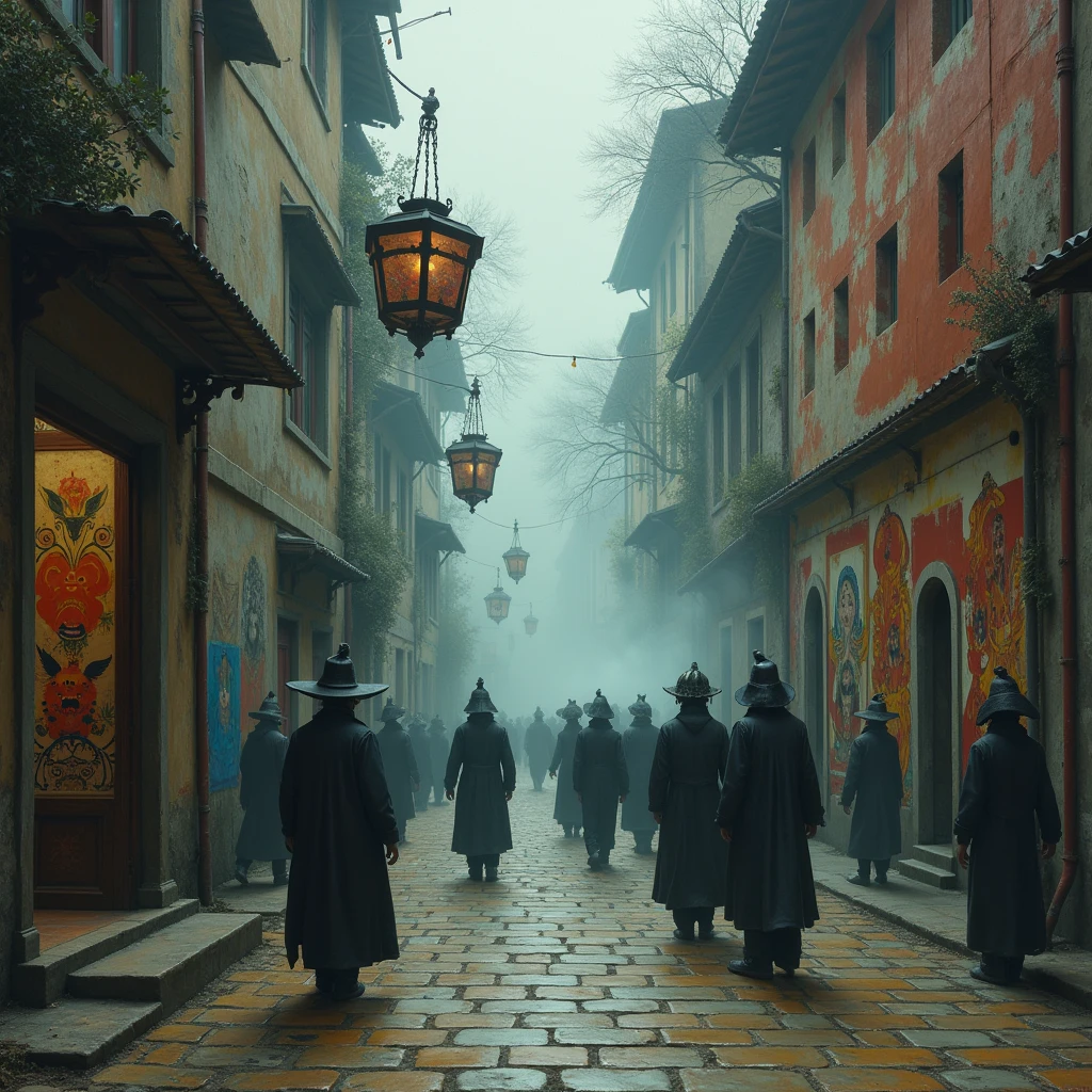 In a legendary haunted alley, a woman dressed in vintage clothing seems to be waiting for something. The colors are mainly composed of dark alleys and bright colors of women's clothing, with light and shadow creating a mysterious atmosphere. The details are reflected in the expressions of women and the surrounding ancient buildings.