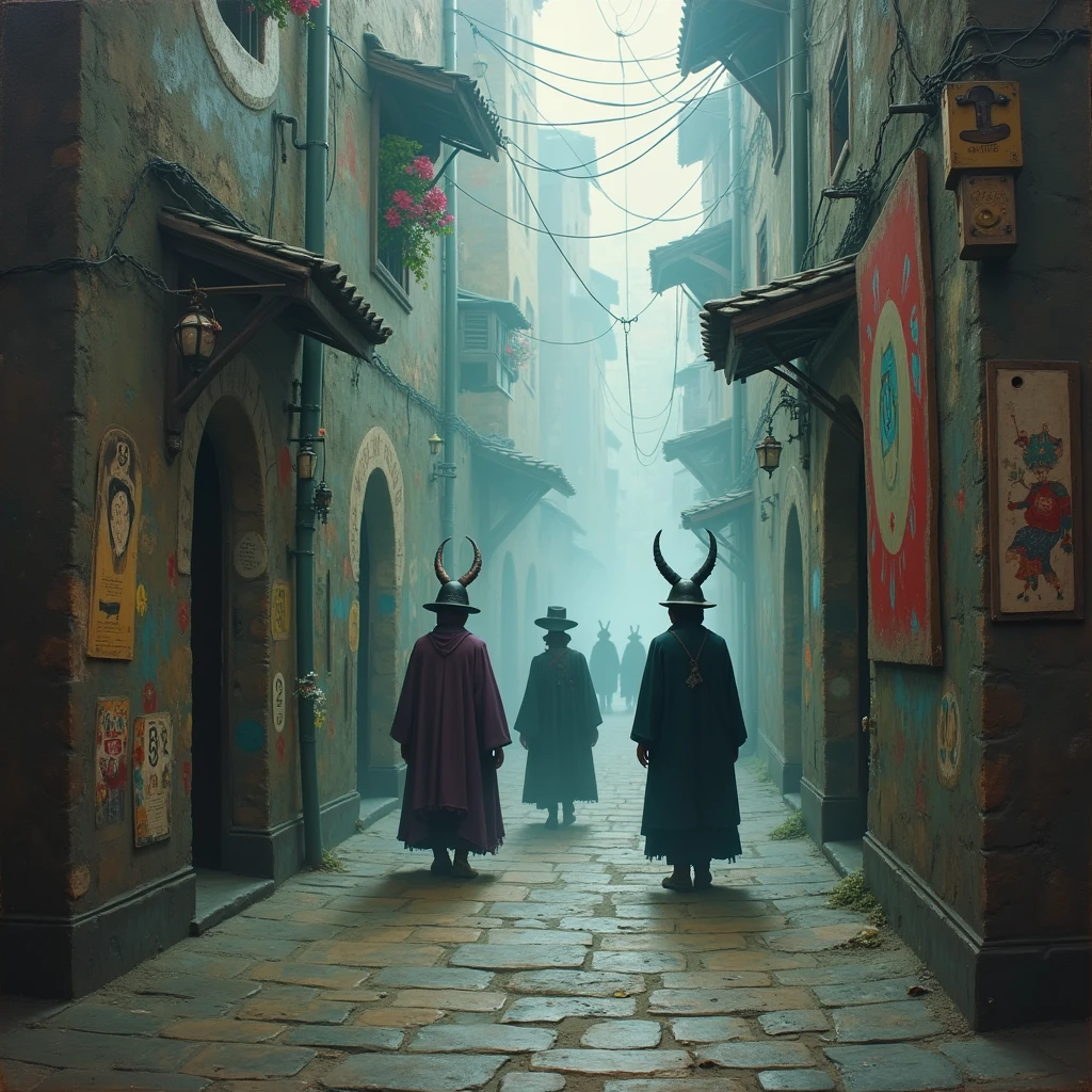 In a legendary haunted alley, a woman dressed in vintage clothing seems to be waiting for something. The colors are mainly composed of dark alleys and bright colors of women's clothing, with light and shadow creating a mysterious atmosphere. The details are reflected in the expressions of women and the surrounding ancient buildings.