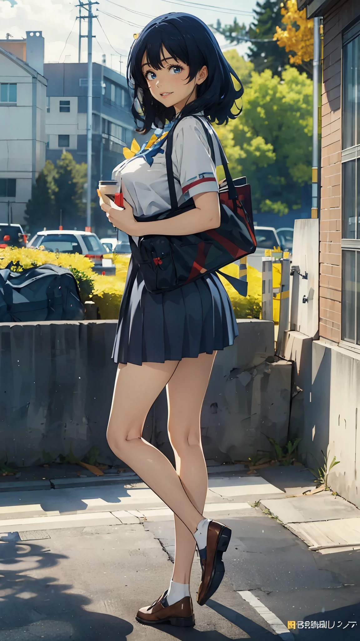 anime - style illustration of a woman in a high school uniform, anime character, official character art, full body, female anime girl, (smile:1.5), grin, standing by the high school gate, big breast, (big butt), medium hair, bare legs, school bag