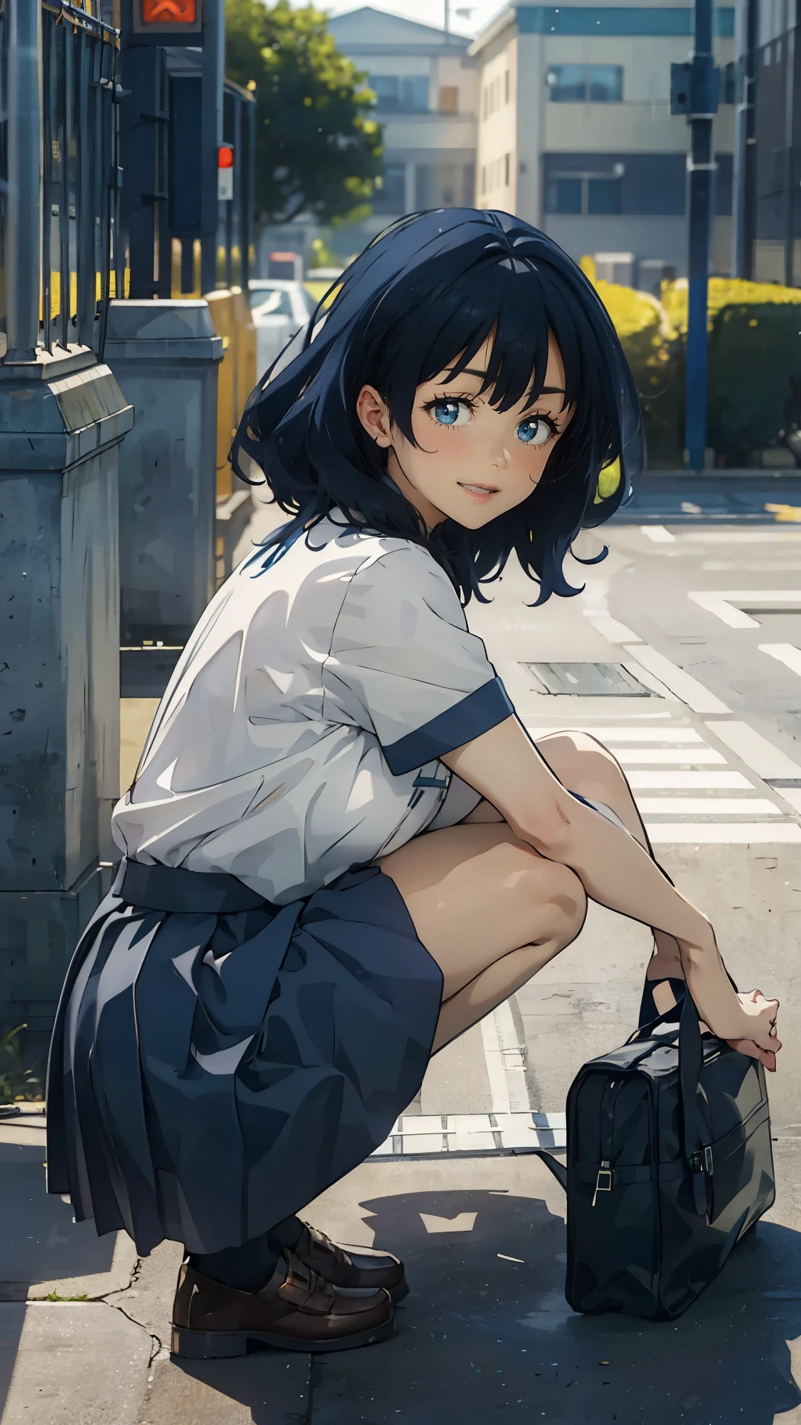 anime - style illustration of a woman in a high school uniform, anime character, official character art, full body, female anime girl, (smile:1.5), grin, squatting by the high school gate, big breast, (big butt), medium hair, bare legs, school bag