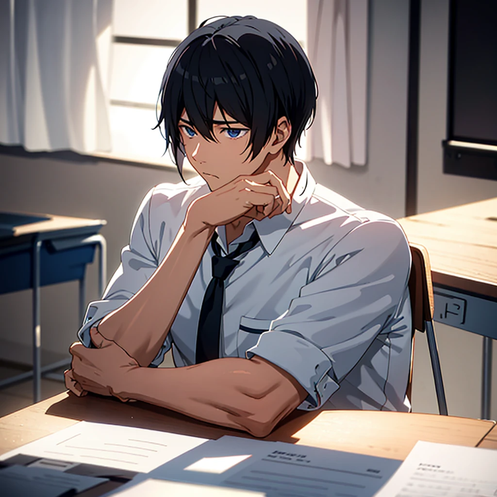 A high school boy with short black hair sitting in a classroom, resting his chin on his hand and looking sideways at the camera with a neutral expression, ((short hair)), ((masterpiece, precise, best quality, black hair)), ((a man)), ((school uniform)), ((school classroom)), white shirt, forehead visible, cinematic lighting, rim lighting, blurred background, three-quarter length shot, bored, expressionless, closed mouth