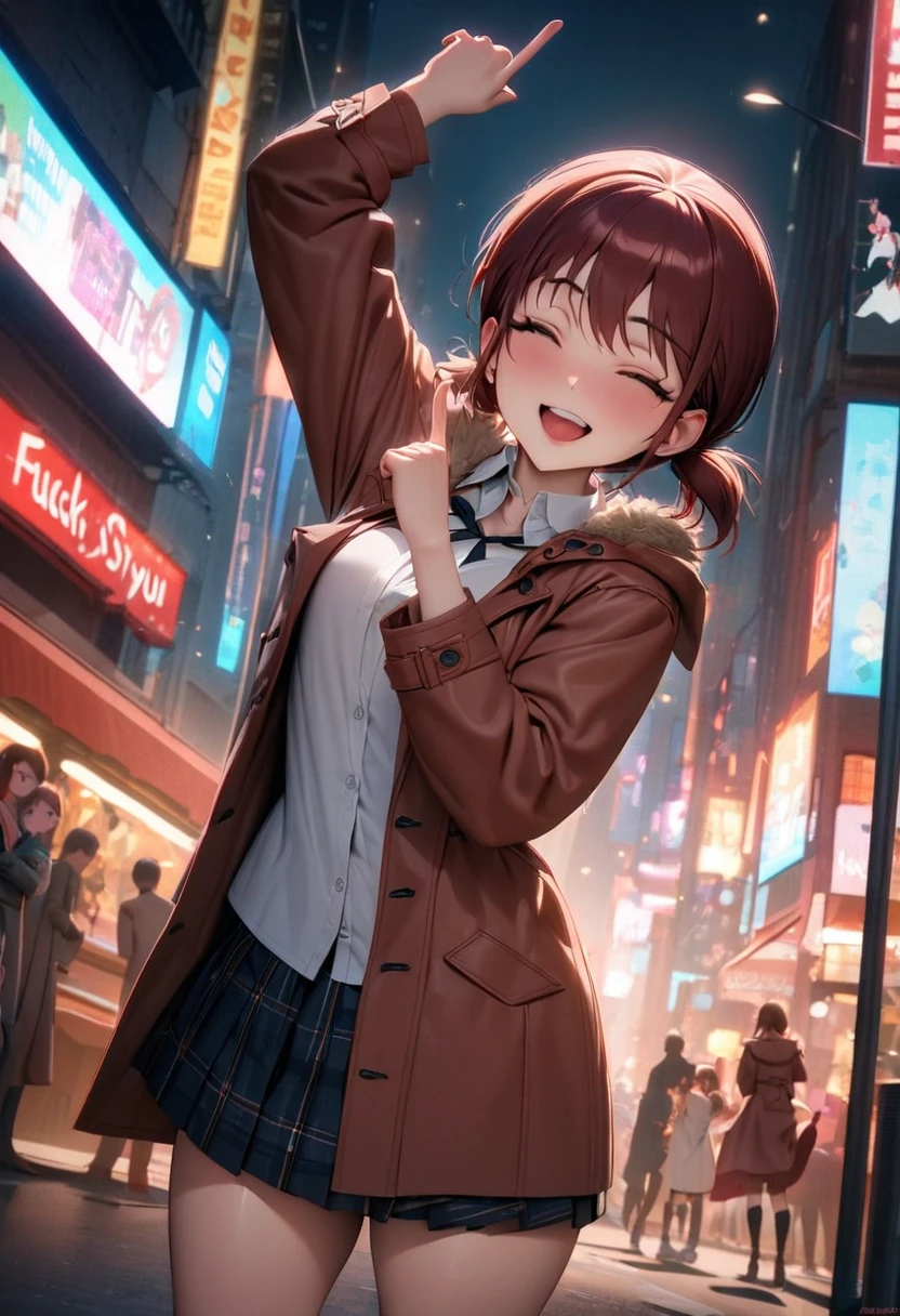  girl,Iseri Nina, With a smile, eyes closed , tilt your head when the screen is full,Wearing a white shirt, strap tie , Red Duffle Coat , And the skirt .  woman is standing with her hands raised,  raise your middle finger , fuck you ,  downtown night street , 
masterpiece, Best Quality, Absurd,