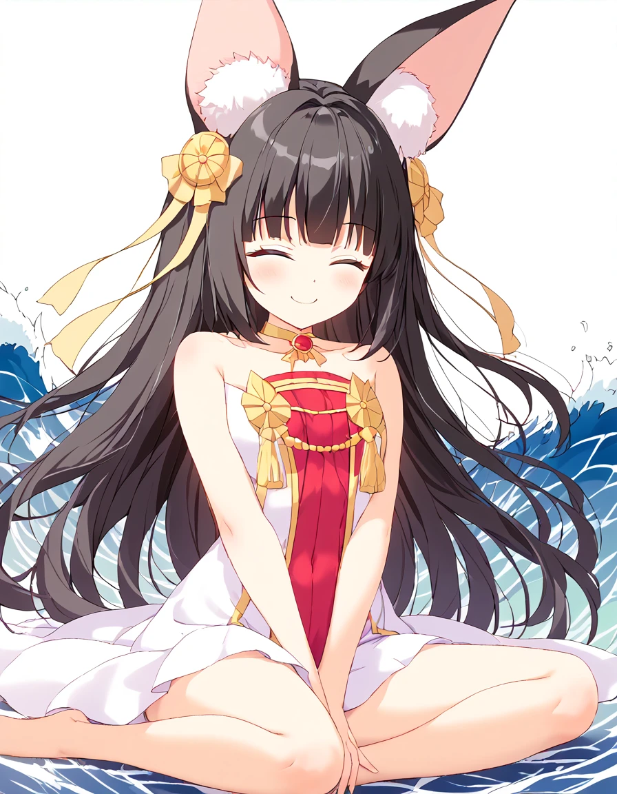 Nagato、Nagato、 、Black Hair、Big animal ears、 big smile 、((Wave your hand loudly))、((Closed eyes))、Perfect hands、Perfect human body、Beautiful legs、 big ribbon、masterpiece、 High image quality 、 masterpiece胸, masterpieces
white background