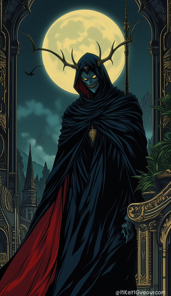 a highly detailed and photorealistic comic-style illustration of dracula, the famous and dangerous vampire count vlad in his castle in the romanian mountains, dramatic lighting, dark gothic atmosphere, moody colors, intricate architectural details, winding staircases, large ornate windows, detailed vampire face with vamire teeth, detailed textures, dynamic dramatic pose, piercing eyes, sharp fangs, billowing cape, old world elegance, (best quality,4k,8k,highres,masterpiece:1.2),ultra-detailed,(realistic,photorealistic,photo-realistic:1.37), comics retro anime, dnddarkestfantasy