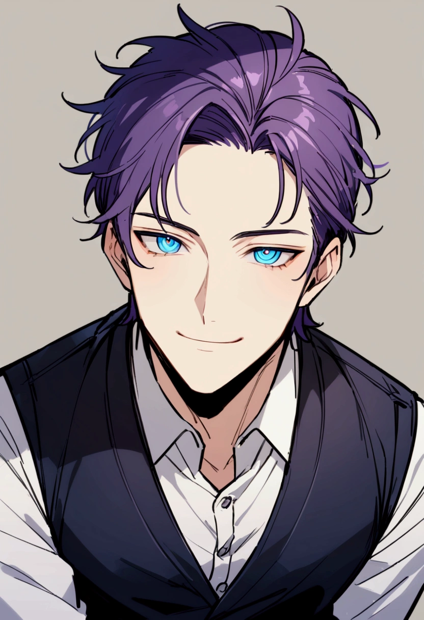 whole body、Character portrait、male、masterpiece、Handsome、The forehead is visible、1 man,  purple Hair、Jacket、Give bangs、Showing his forehead、Handsome、Intricately drawn eyes、good looking、((blue eyes)), 30 years old, handsome male, wearing vest, ((sarcastic)), sarcastic smile