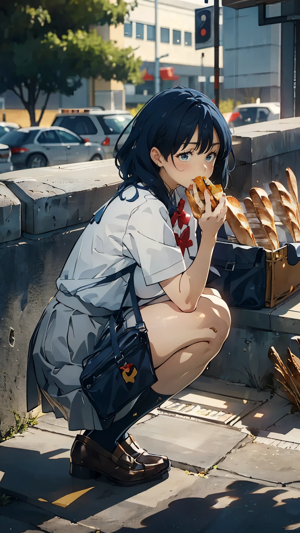 anime - style illustration of a woman in a high school uniform, anime character, official character art, full body, female anime girl, squatting by the high school gate, big breast, (big butt), medium hair, bare legs, school bag, (eating bread:1.5),