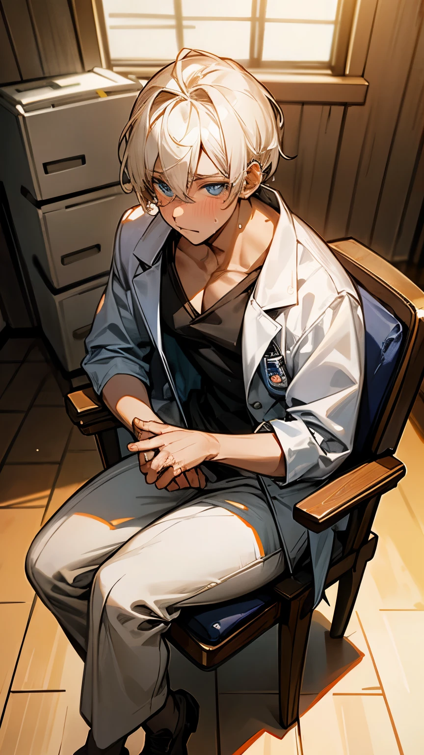 (One beautiful man), mouth slightly open, blushing, (shot hair), beautiful eyes, glowing skin, doctor's coat,  shirt/scrubs, science labo, sit on a chair, Digital painting, 8K, Best quality, ultra-detailed, nsfw, medium shot