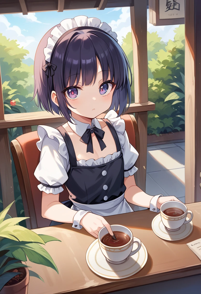 ( surreal), (8k), ( very detailed), (  Best Illustration  ), Cafe。maid.Flat chest。,Pour black tea。 short hair。