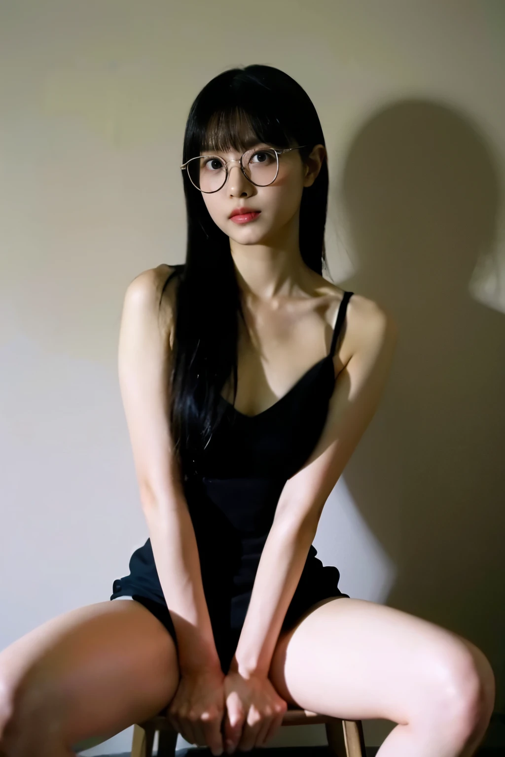 cute face, (highres,masterpiece:1.2),ultra-detailed,realistic,professional,beautiful detailed eyes,beautiful detailed lips,dark hair,LONG black hair WITH BANG,red glasses,stunning black eyes,clear skin,18-year-old girl,fashionable LONG HAIR style WITH BANG,vibrant red glasses,Shinobi Academy,fierce determination,confident posture,crimson outfit, background filled with ninjutsu techniques,shadows cleverly accentuating her features,subtle studio lighting,sublime realism,striking color tones, arm up, dynamic pose, medium breasts, spread legs..