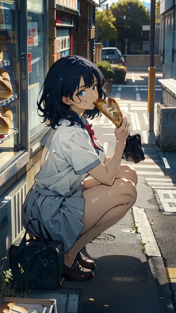 anime - style illustration of a woman in a high school uniform, anime character, official character art, full body, female anime girl, squatting by the convenience store, big breast, (big butt), medium hair, bare legs, school bag, (eating bread:1.5),