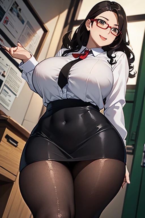 masterpiece, best quality, ultra high res, ultra-detailed, classroom, sunset, (gigantic tits with erected nipples and gigantic cleavage: 1.6), (hairy pubic hair: 1.4), (white shirt half unbuttoned, black sexy skirt, black lace-trimmed stockings, black high heels: 1.5), (dark tanned skin: 1.6), (a slutty black hair milf teacher is sitting on a desk with her legs spread wide and looking at the viewer in a vulgar way while squirting a huge load of piss and ahegao with her tongue out: 1.6), lewd slutty face, squirting, orgasm