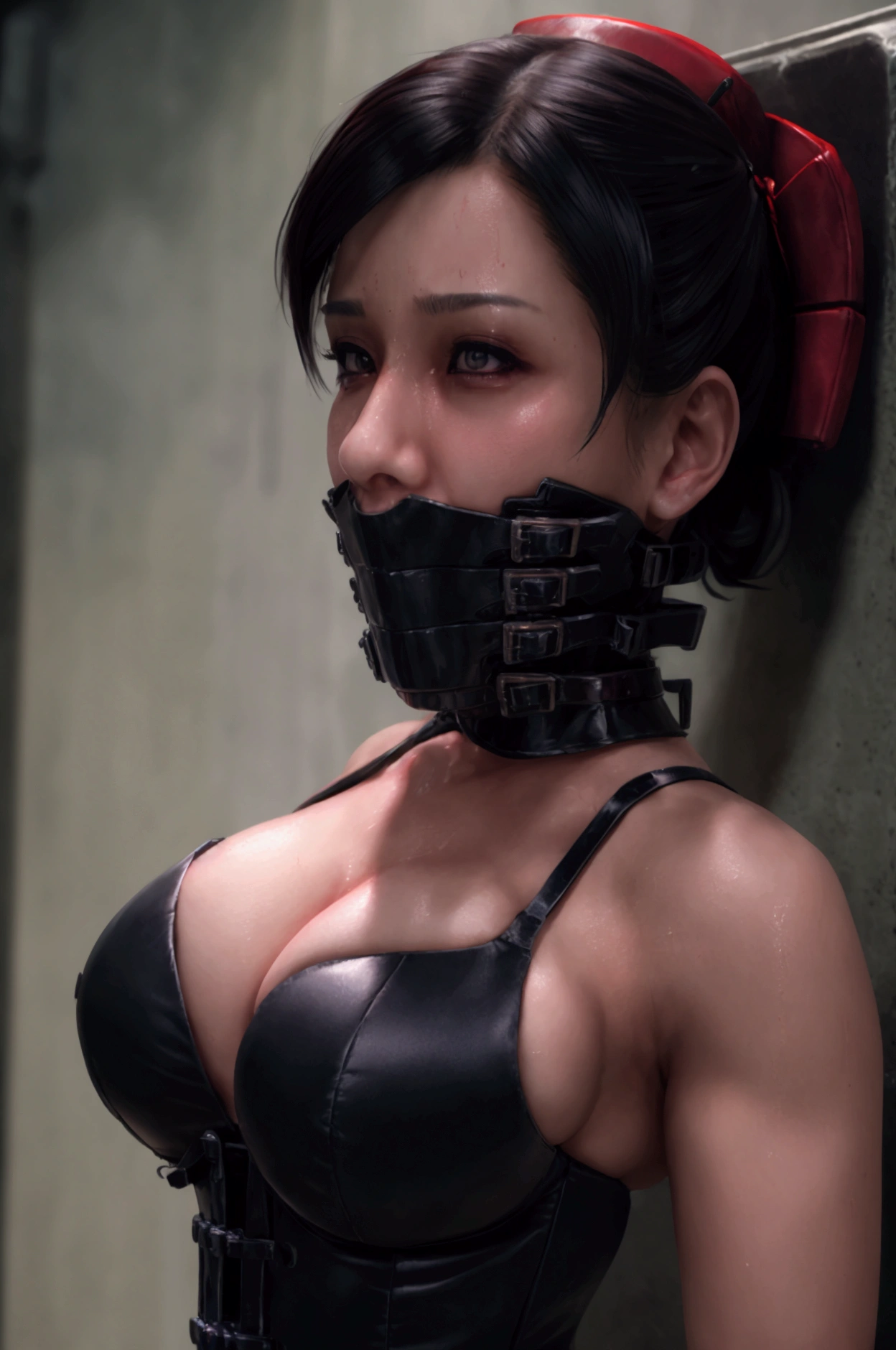 Ada Wong drooling all over herself, corset, cleavage, 8k, realistic, drool all over face, drool all over chest, sweating, pleading eyes, muzzled, dripping wet 