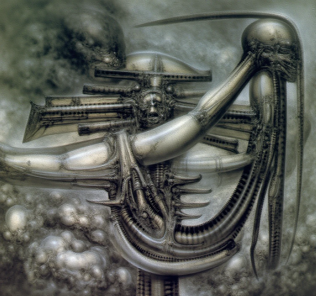 H. R. Giger's g1g3r, , Giger_style, The image is a detailed view of H.R. Giger's \" NECRONOM  IV \" plate, featuring biomechanics scene covered with cloudy dence mist, strokes of colluding steam,biomechanical cross with crusifiction,  HRGGR, H.R. GIGER, 

 It's a complex network of bones and organs in eldritch color scheme:a greenish-brown hue ,swirling gery and brown colors. The artwork is silverish and green brown, with an ivory bones prominently displayed. The image is highly detailed and intricate, almost like a 3d version of a medical sketchwork.   
The piece is a tableau, most likely created with a India ink pen or pencil on paper, determined by the thin lines, shading techniques, and the texture of the paper, which is visible around the edges.
Used is pen, given the shading and variations in line weight visible in the image. Artist have used a variety of stylus with different degrees of hardness to achieve the shading effects.
 The use of undersaturated green-grays dark contrasts creates a stark and graphic look. Is used a variety of linework techniques to create different textures. Fine, parallel lines create a smooth, metallic texture,while thicker, more cursive lines suggest cables or wires.
Light source from the top highlights skeletals, pper part of foreground, lower part of image is in shadowupper part of foreground, lower part of image is in shadow.
, (Triadic:1.1), (Proportion:1.1),  , (Reflected light:1.2), Parchment, , ultra detailed, intricate,, dry b (best quality:1.4), H.R. GIGER,  BY GIGER