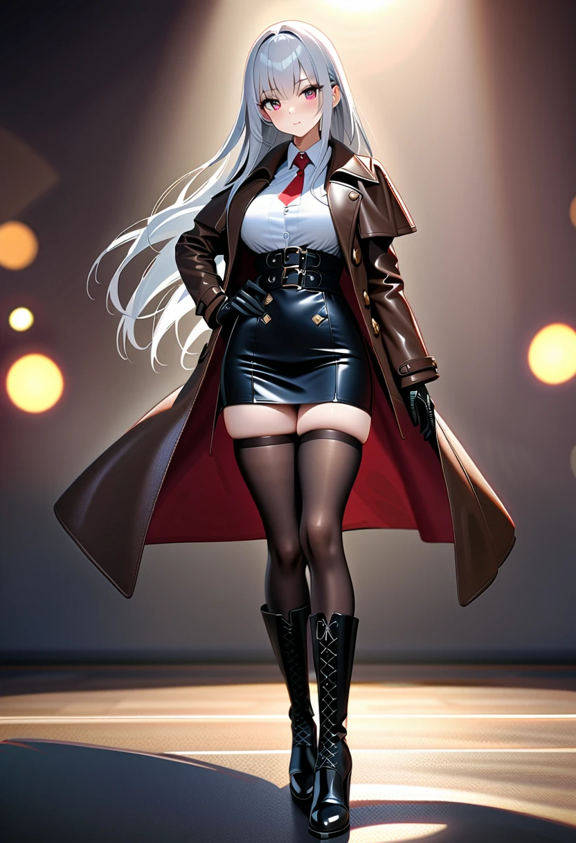 (1 girl, silver hair, long hair, solo, leather gloves, assassin, leather trench coat, heel boots, thigh high stockings, full body, best quality, 4k, 8k, highres, masterpiece:1.2, ultra-detailed, HDR, UHD, studio lighting, ultra-fine painting, sharp focus, physically-based rendering, extreme detail description, professional, vivid colors, bokeh, portrait)