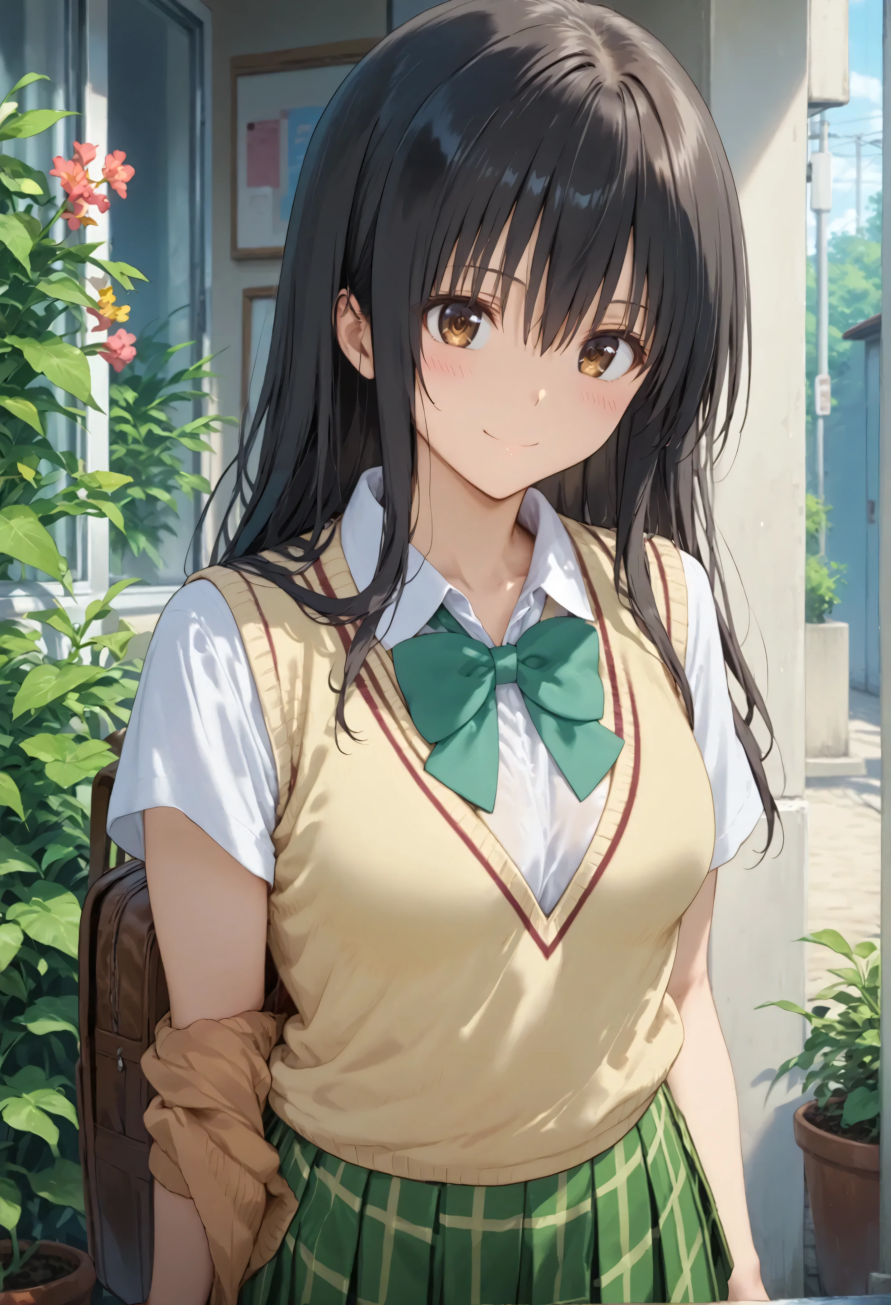 score_9,score_8_up,score_7_up,score_6_up BREAK official art,solo,outdoors,cowboy shot,looking at viewer,facing viewer,smile,blush,Kotegawa Yui,long hair,black hair,sidelocks,hair between eyes,bangs,brown eyes,school uniform,sweater vest,yellow vest,white shirt,collared shirt,green bowtie,short sleeves,medium breasts,miniskirt,green skirt,plaid skirt,pleated skirt,black socks,loafers,