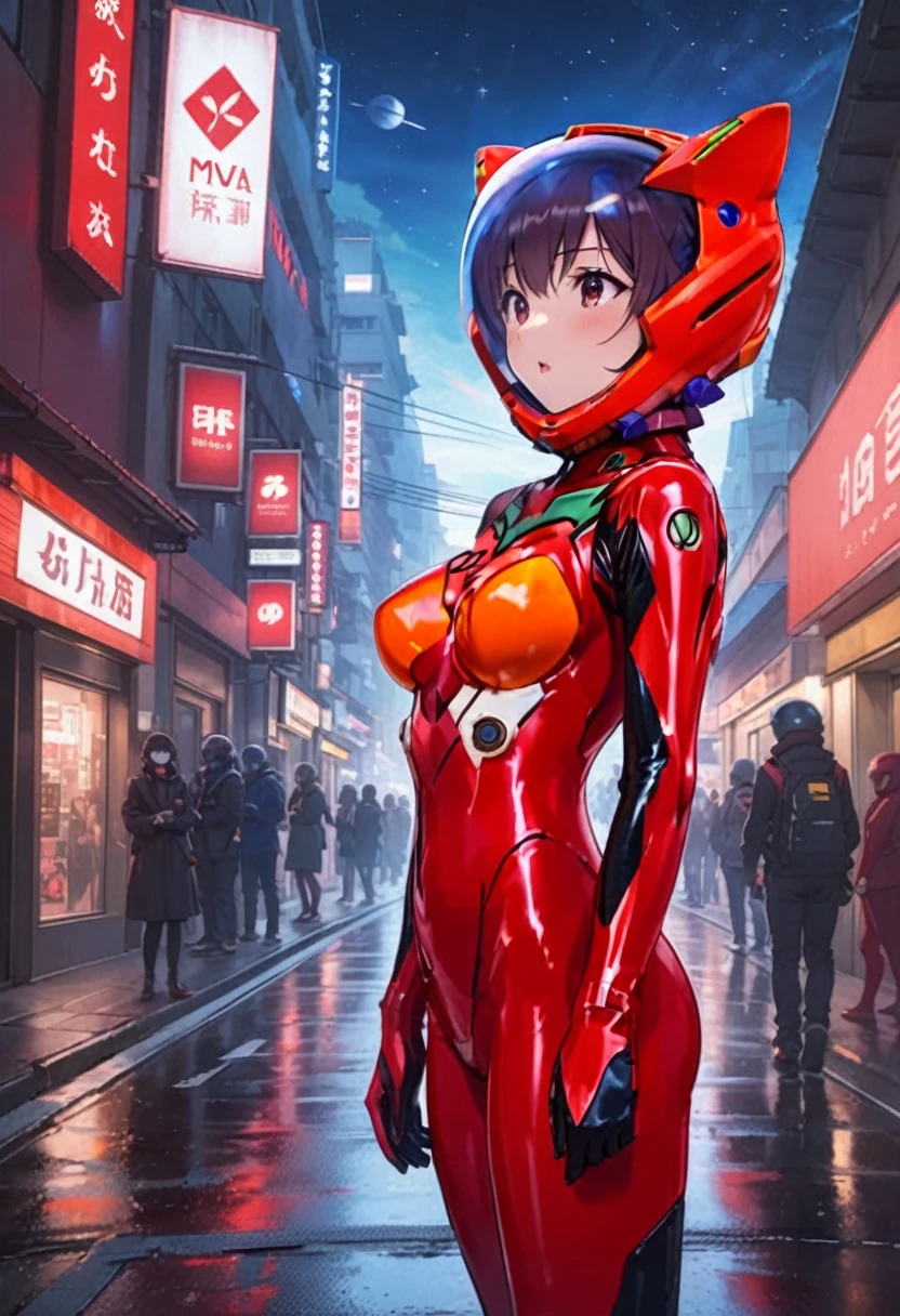 8k, Ultra-high resolution, Highest quality, masterpiece, Rule of thirds photograph,surreal, photograph, pretty girl, Cute Face, Beautiful eyes in every detail, Detailed,masterpiece,,,,,,,,,,, ( short hair, street, emo eyeliner, apocalypse, girl, city, road space helmet, muvluv, eva helm, evangelion,, plugsuit , space helmet, eva helm,red bodysuit, short hair, ,,plugsuit, red bodysuit,evangelion,(red helmet:1.2), space helmet, cat ears, Japanese female,hort hair, bangs, ahegao, red helmet,,full body, eva helm, from side